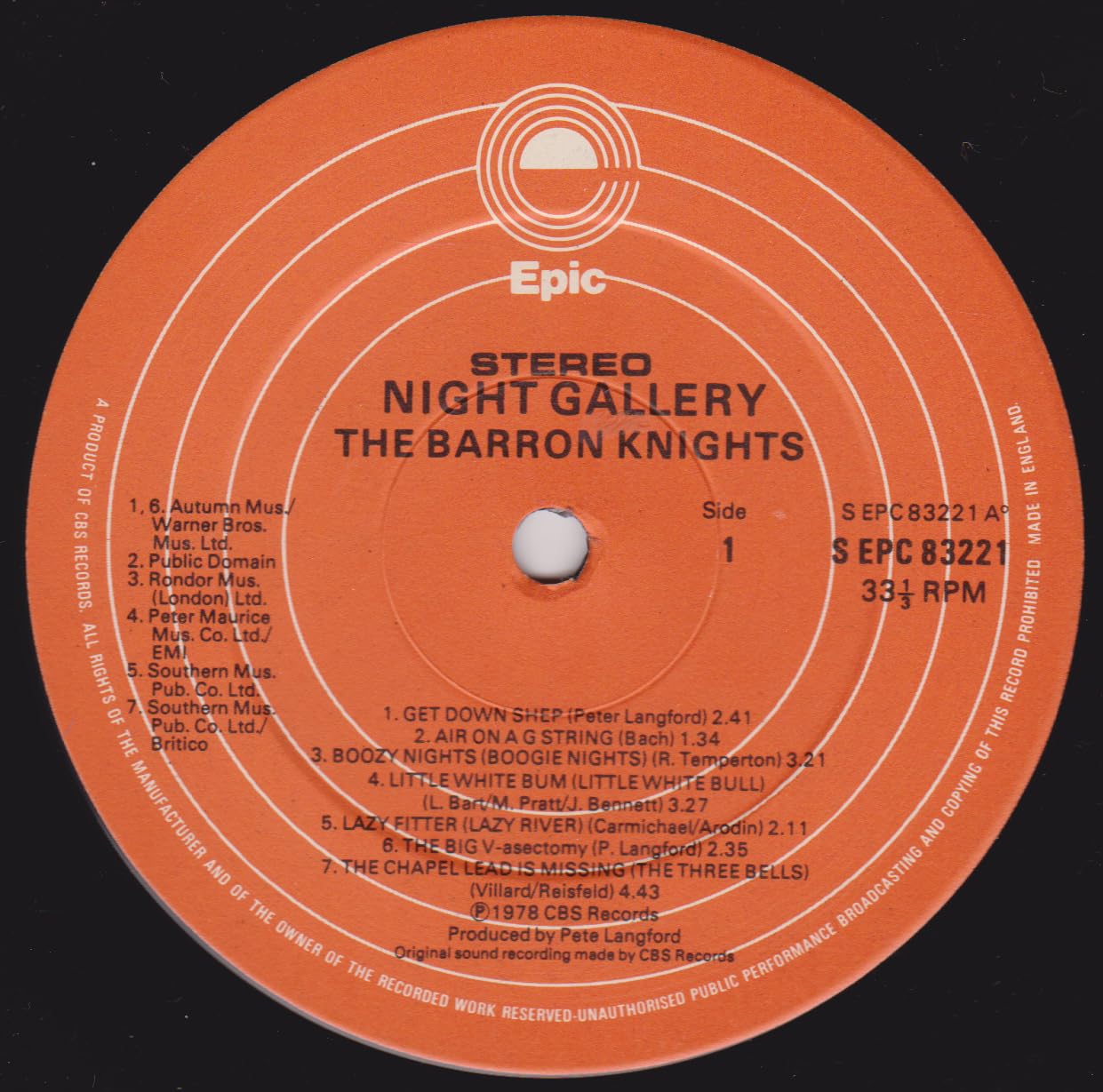 The Barron Knights ‎– Night Gallery (Epic 1978) 12" vinyl LP VG/VG
