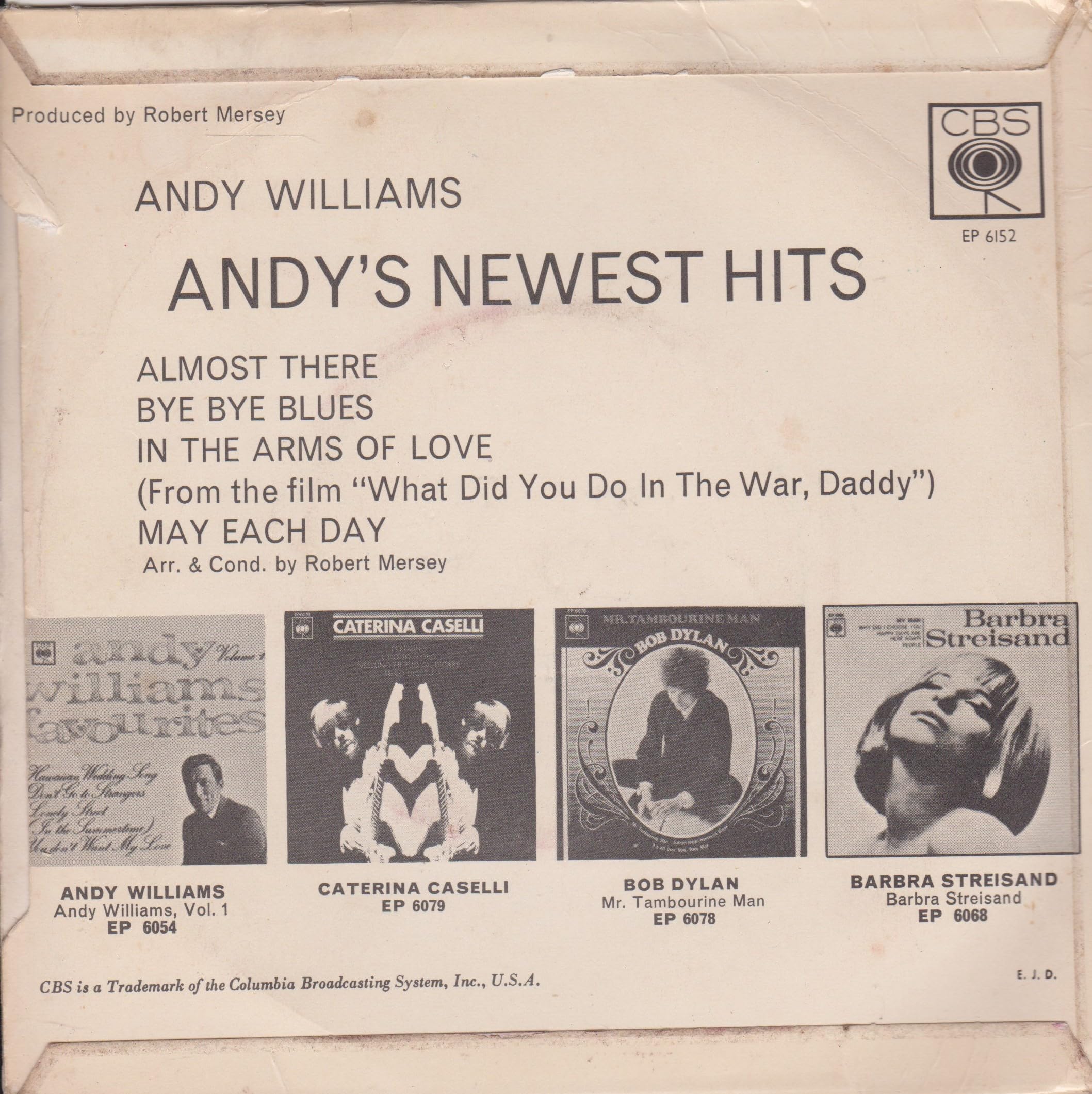 Andy Williams ‎– Andy's Newest Hits (CBS 1966) 7" vinyl EP VG/VG