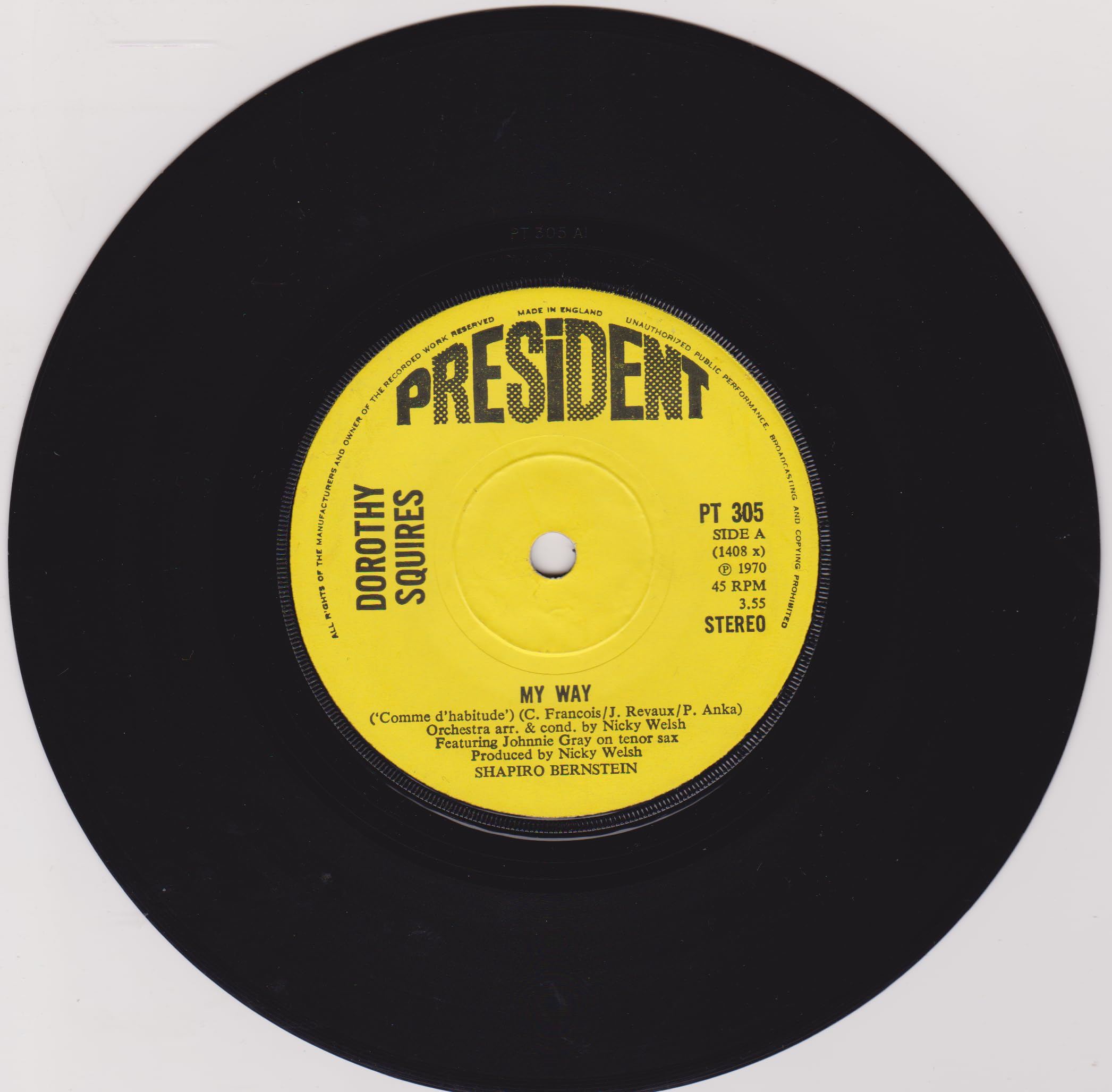 Dorothy Squires – My Way (President 1970) 7" vinyl single VG/-