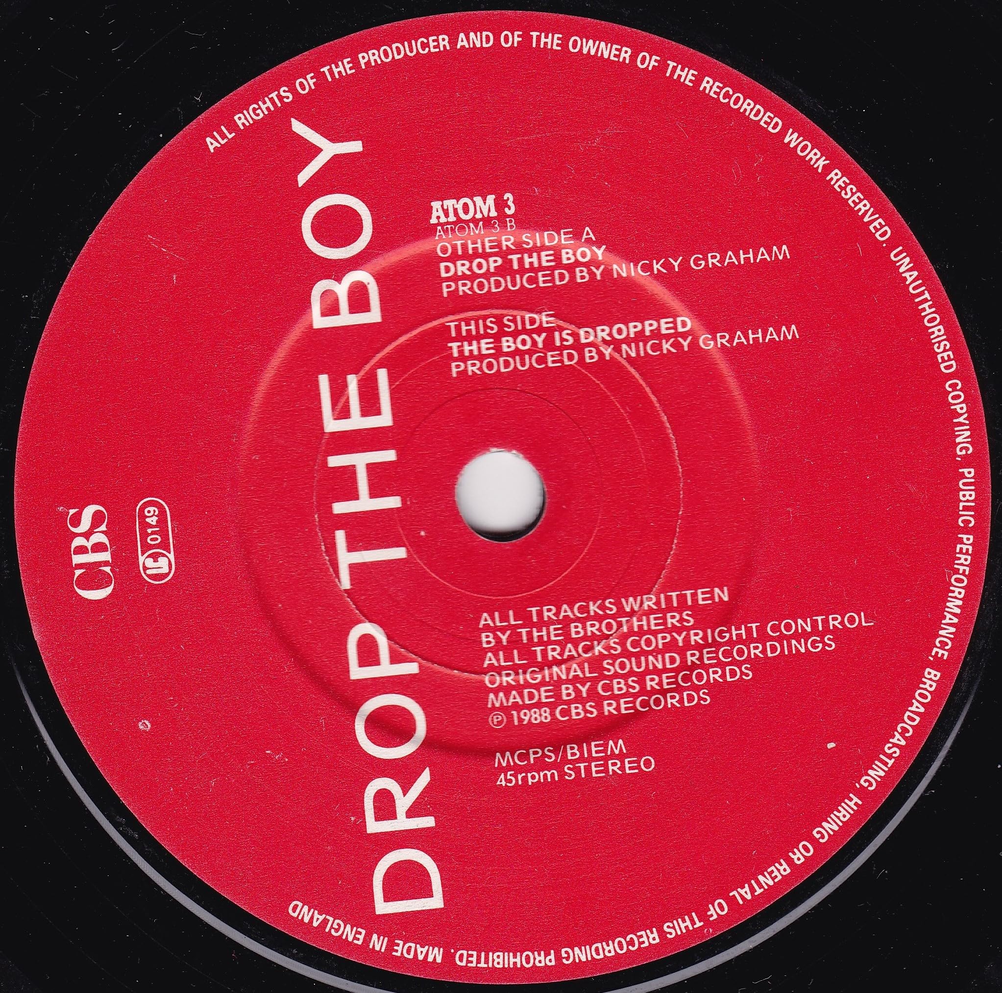 Bros - Drop The Boy (CBS 1988) 7" vinyl single VG/-