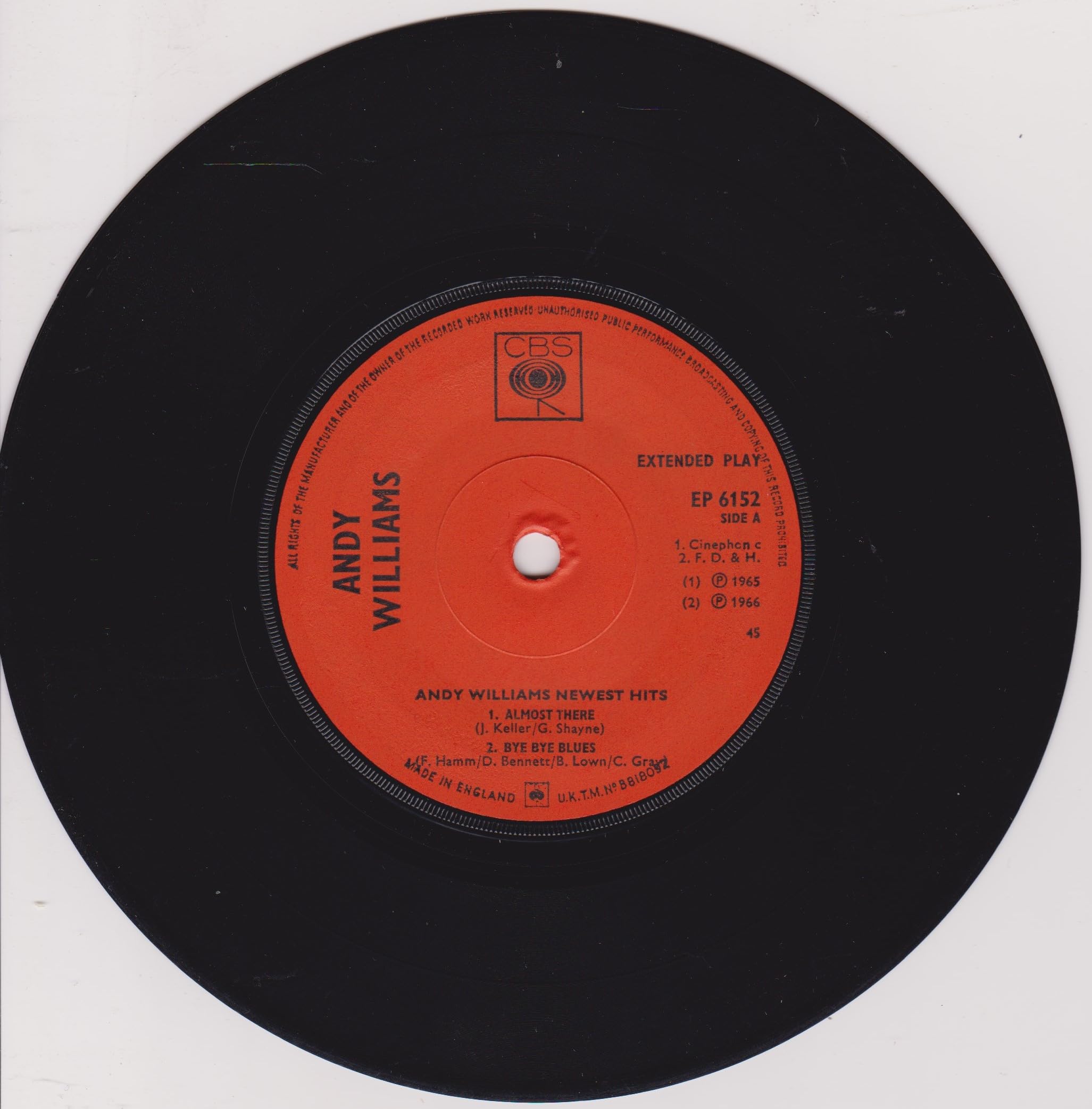 Andy Williams ‎– Andy's Newest Hits (CBS 1966) 7" vinyl EP VG/VG