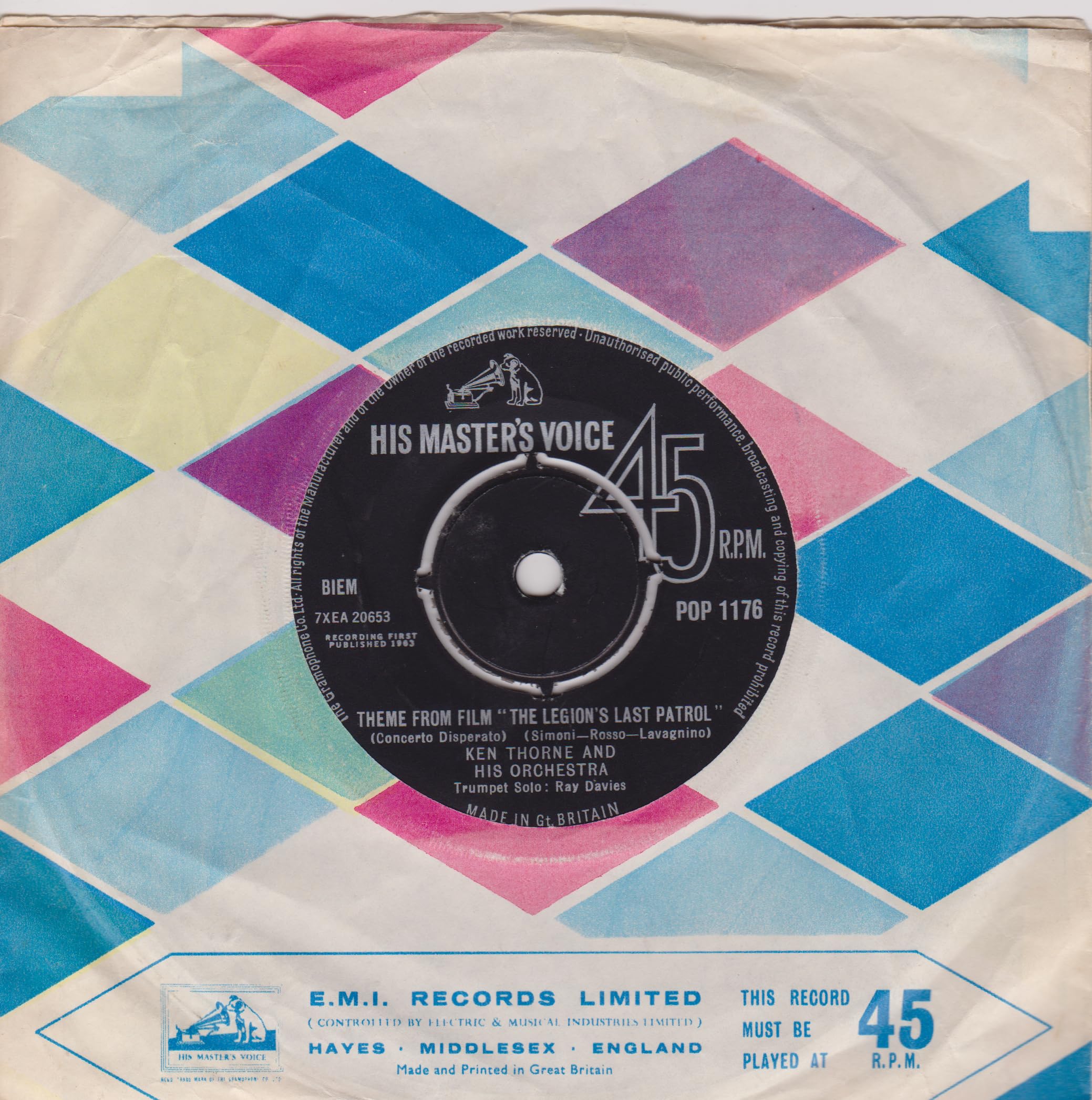 Ken Thorne And His Orchestra - Theme From Film "The Legion's Last Patrol" (Concerto Disperato) 7" vinyl single VG/-