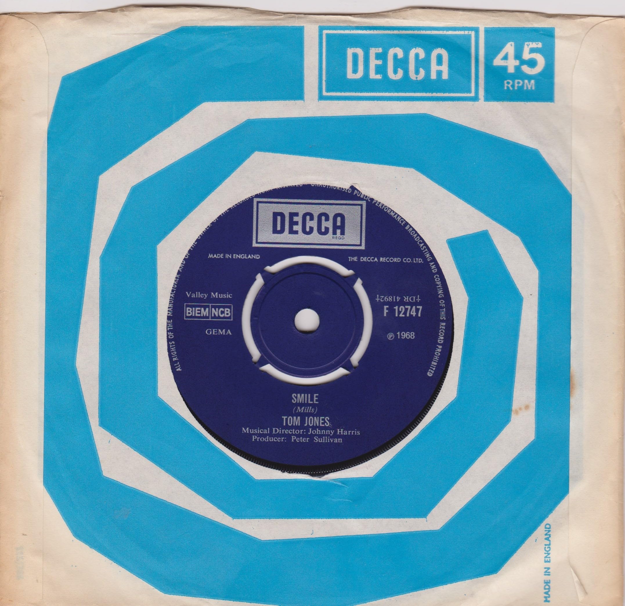 Tom Jones ‎– Delilah (Decca 1968) 7" vinyl single VG/VG