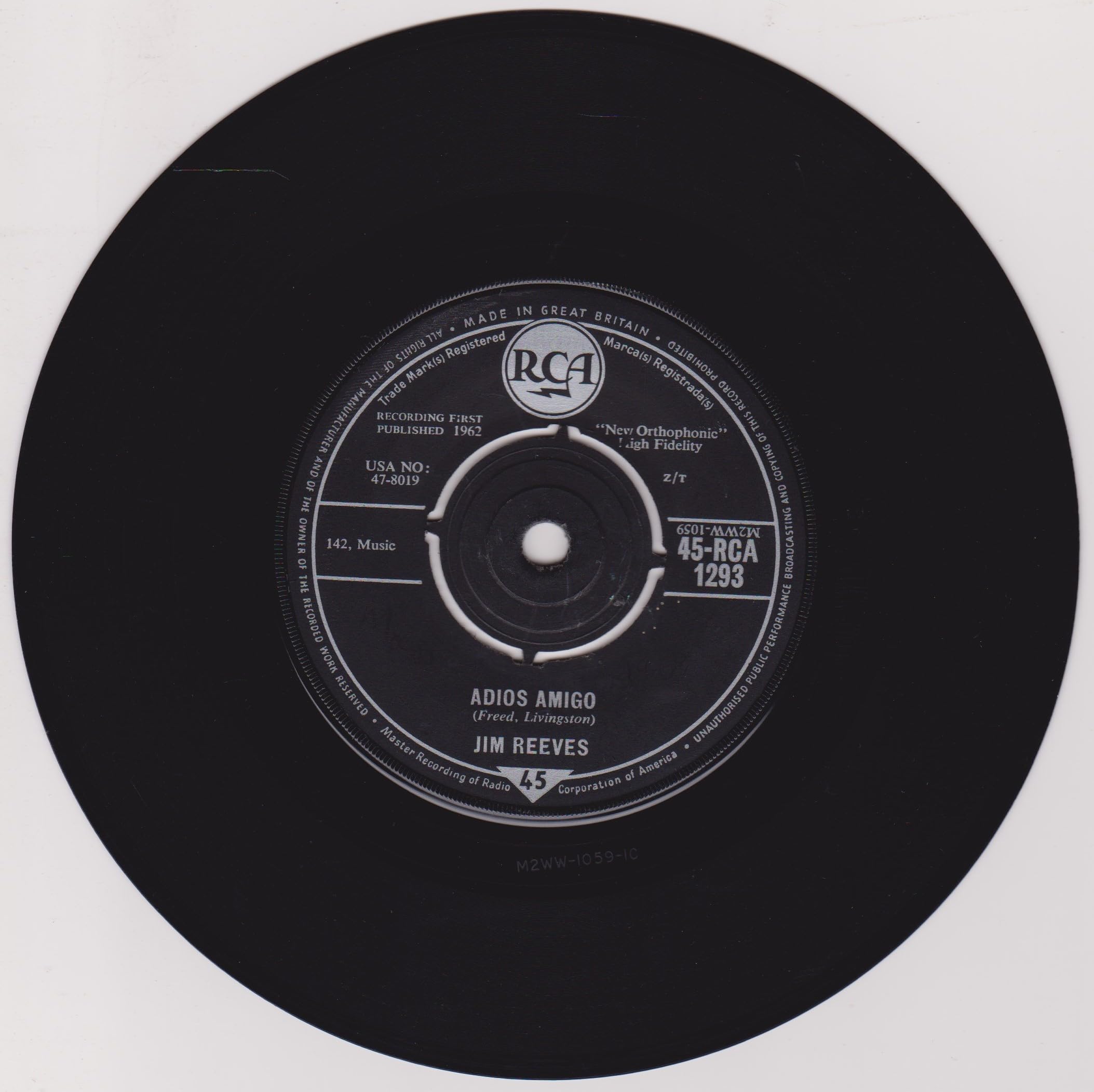 Jim Reeves - Adios Amigo (RCA 1962) 7" vinyl single VG/VG