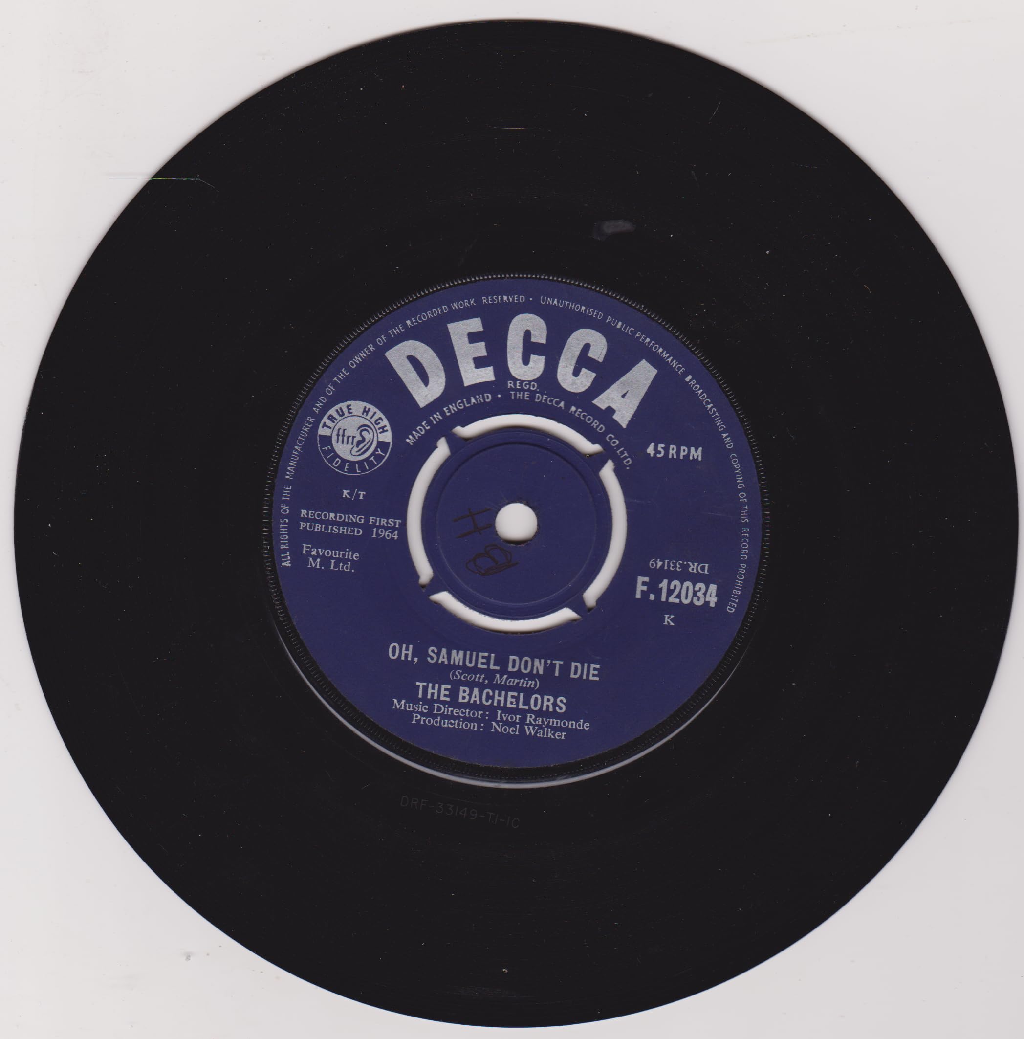 The Bachelors – No Arms Can Ever Hold You (Decca 1964) 7" vinyl single VG/VG
