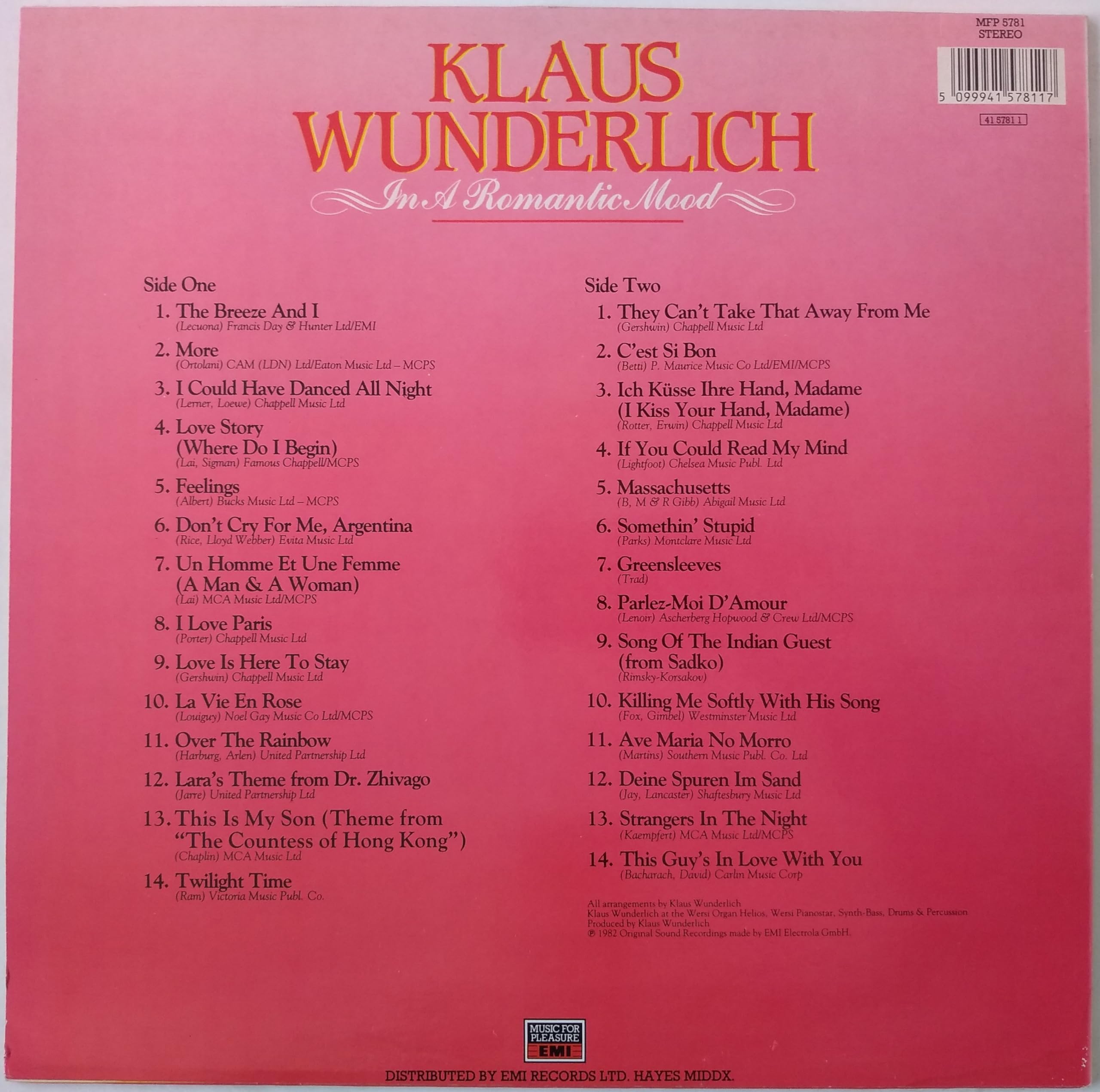 Klaus Wunderlich – In A Romantic Mood (MFP 1982) 12" vinyl LP VG/VG