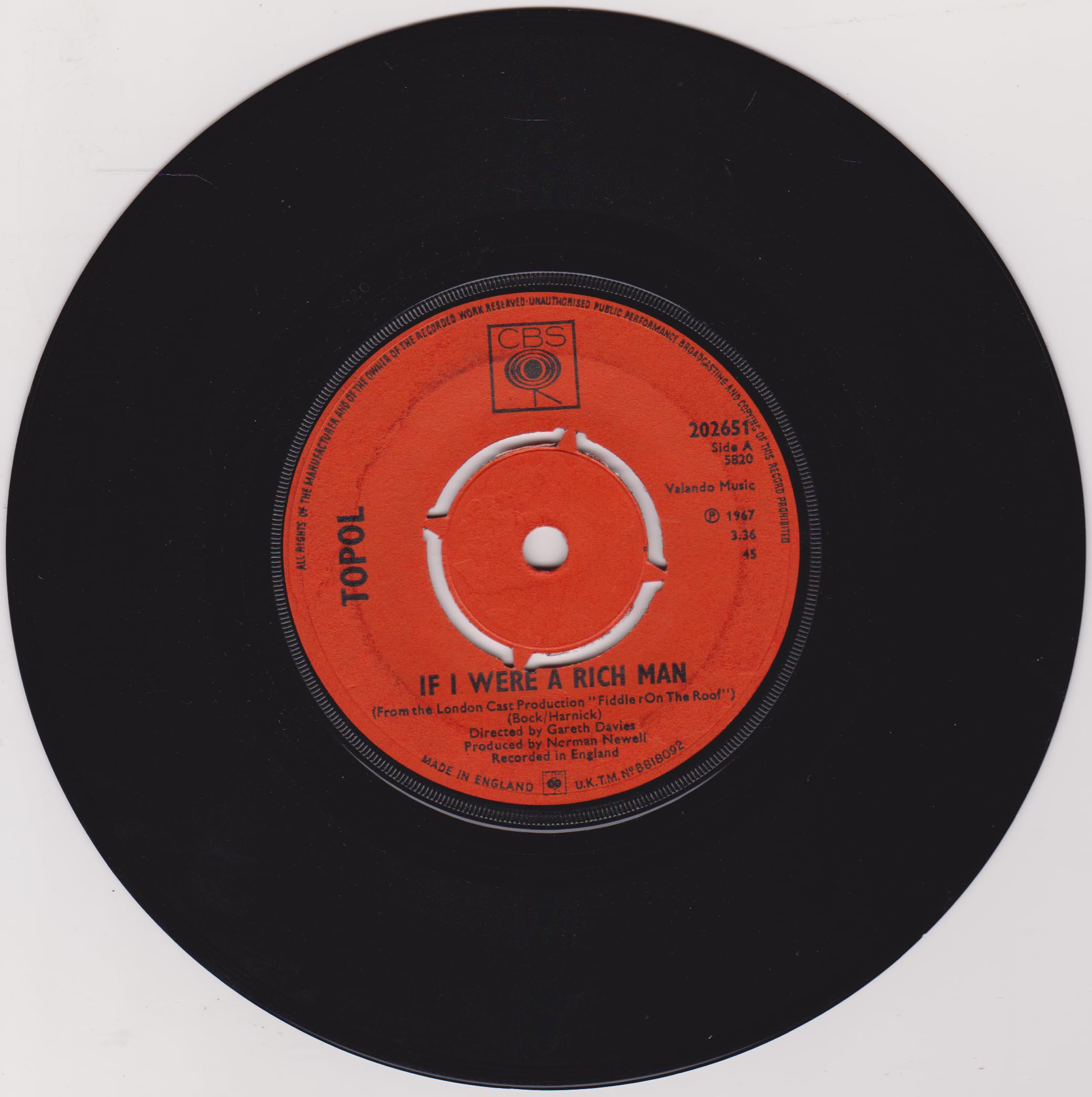Topol ‎– If I Were A Rich Man (CBS 1967) 7" vinyl single VG/VG