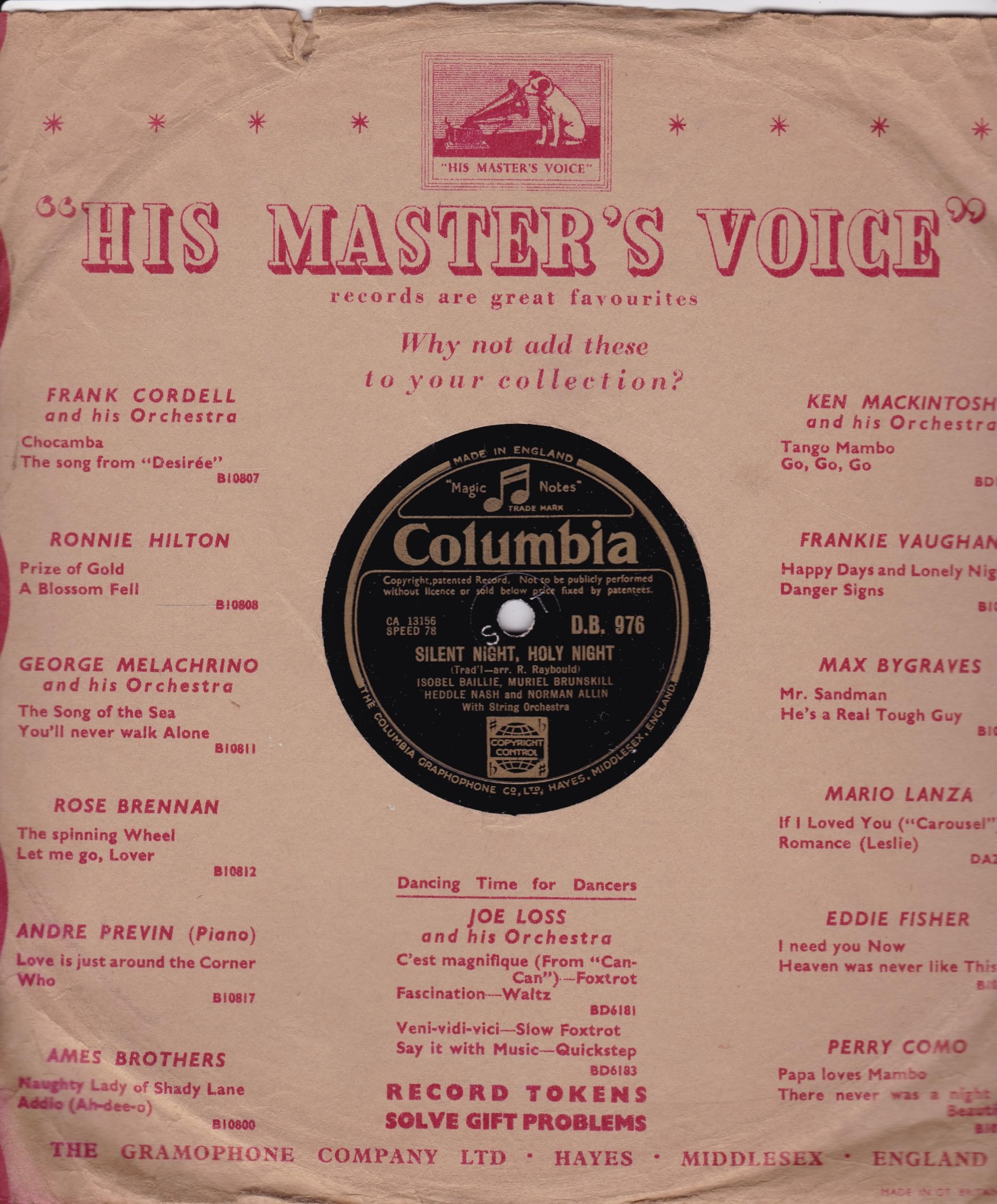Isobel Baillie, Muriel Brunskill, Heddle Nash And Norman Allin ‎– Sleep My Saviour, Sleep (Columbia) 10" 78RPM shellac single VG/-