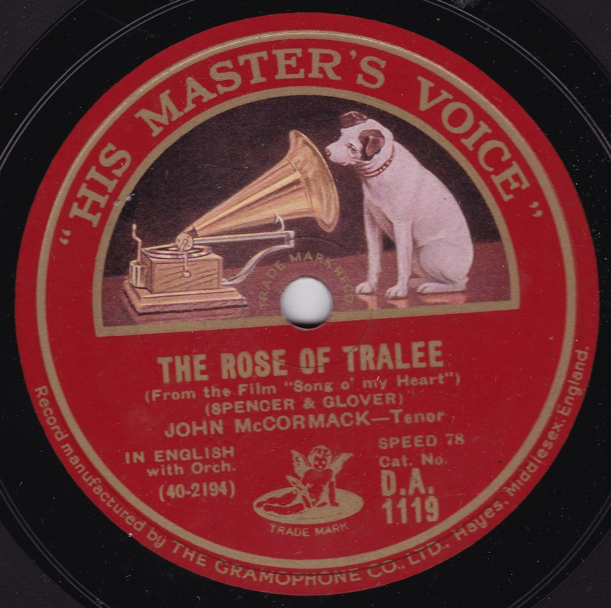 John McCormack - The Rose of Tralee (HMV) 10" 78RPM shellac single VG/-