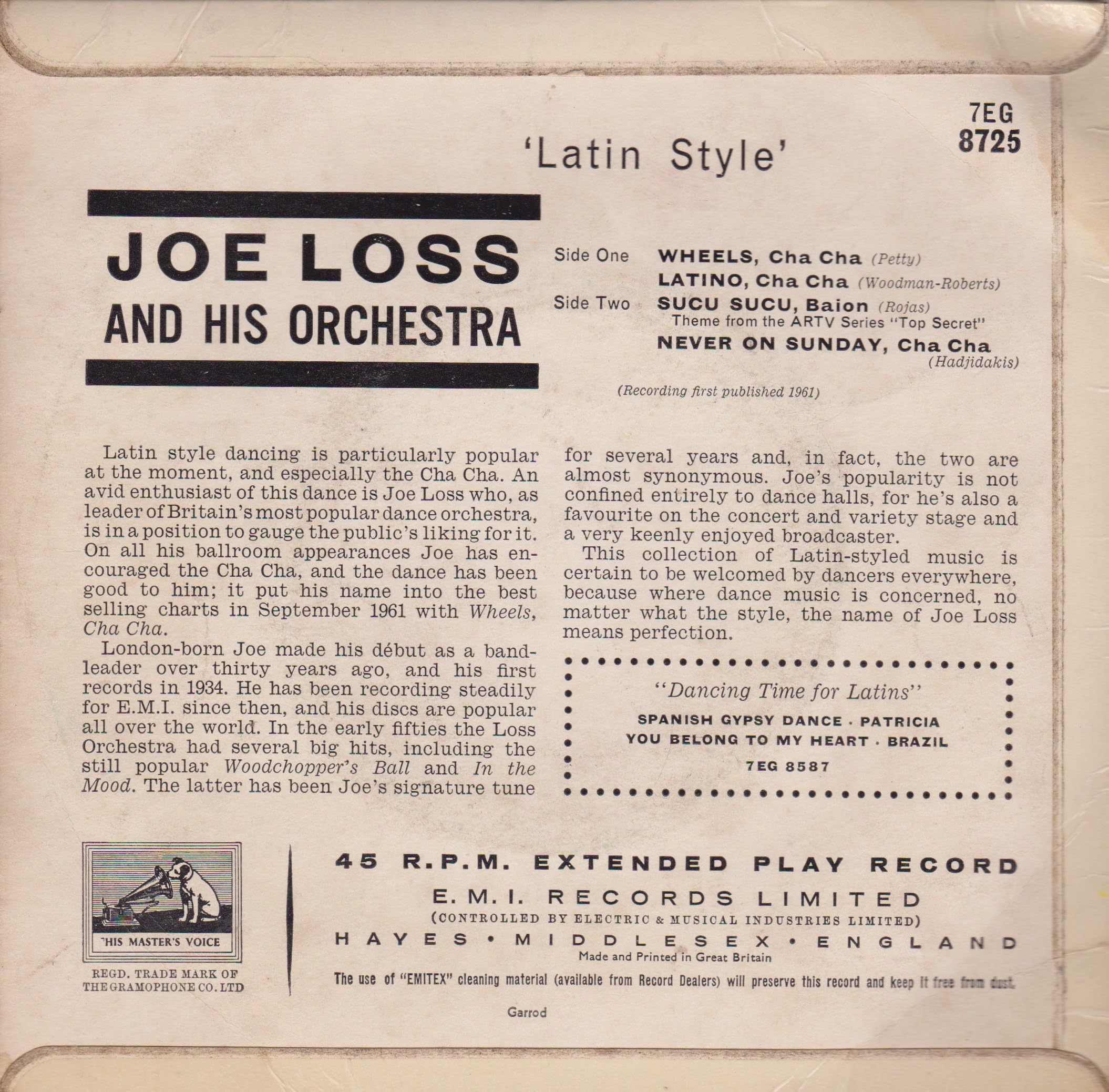 Joe Loss And His Orchestra ‎– Latin Style (HMV 1961) 7" vinyl EP VG/VG
