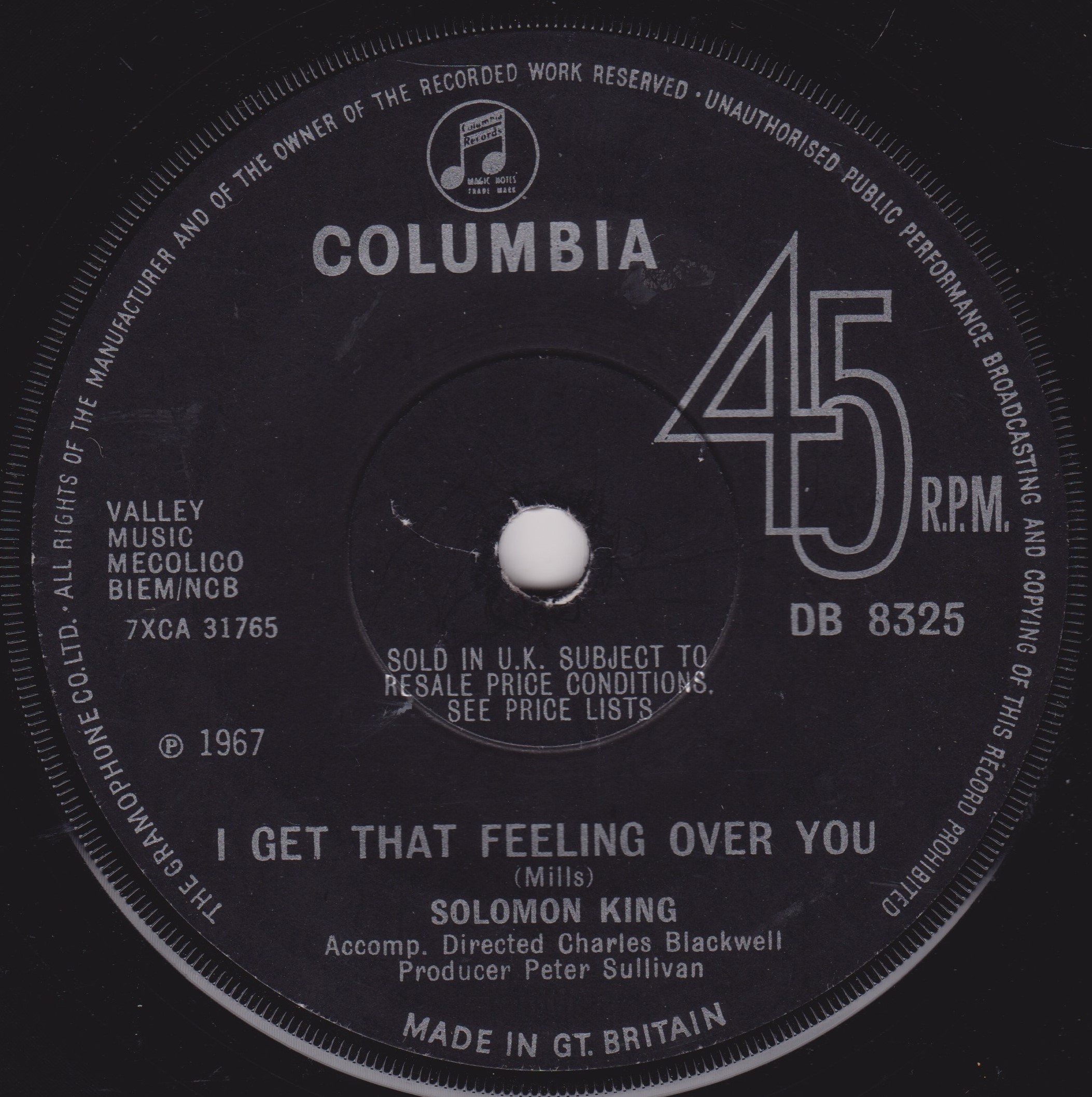 Solomon King ‎– She Wears My Ring (Columbia 1967) 7" vinyl single VG/-