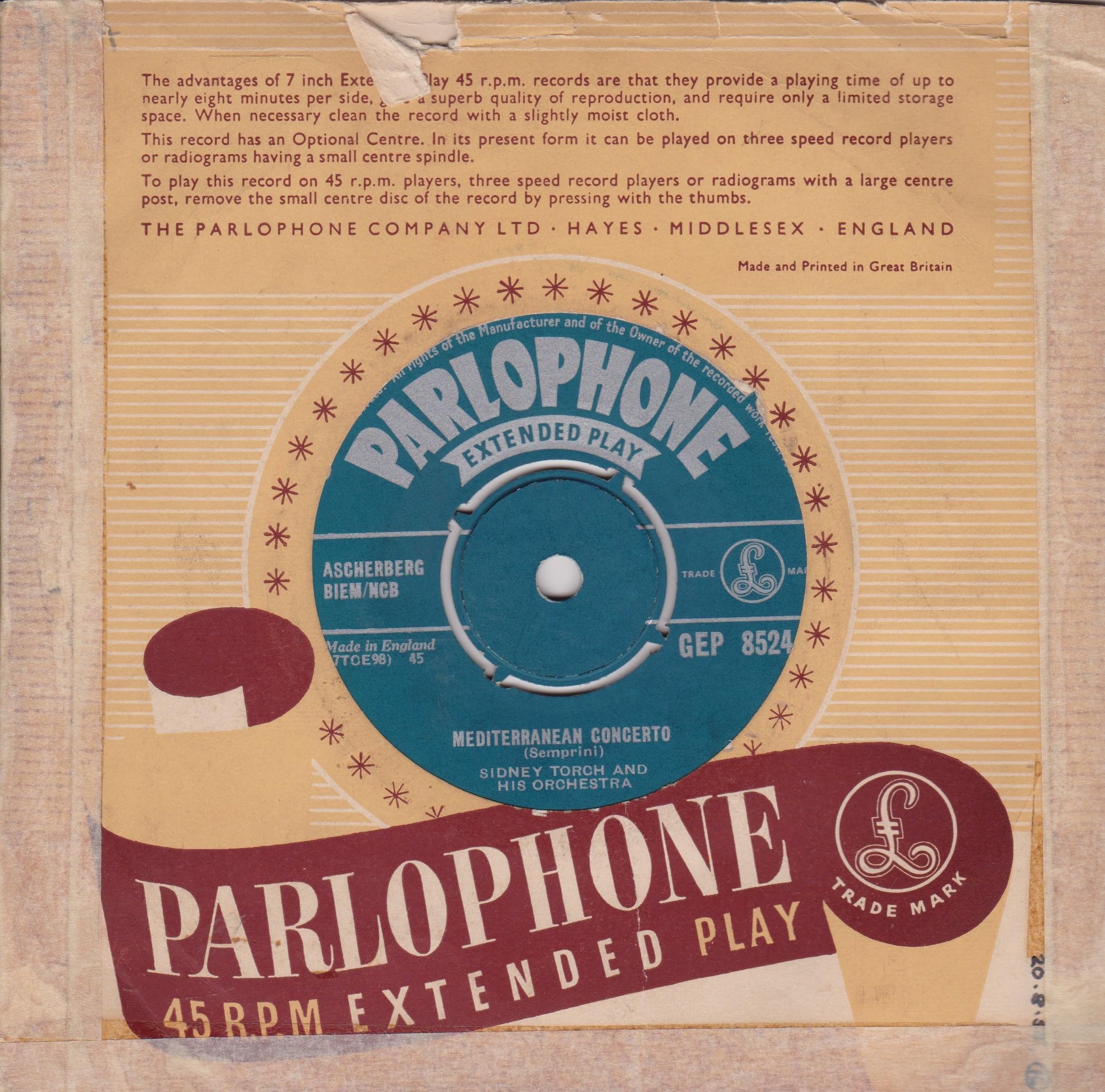 Sidney Torch And His Orchestra ‎– Slaughter On Tenth Avenue (Parlophone 1965) 7" vinyl EP VG/G