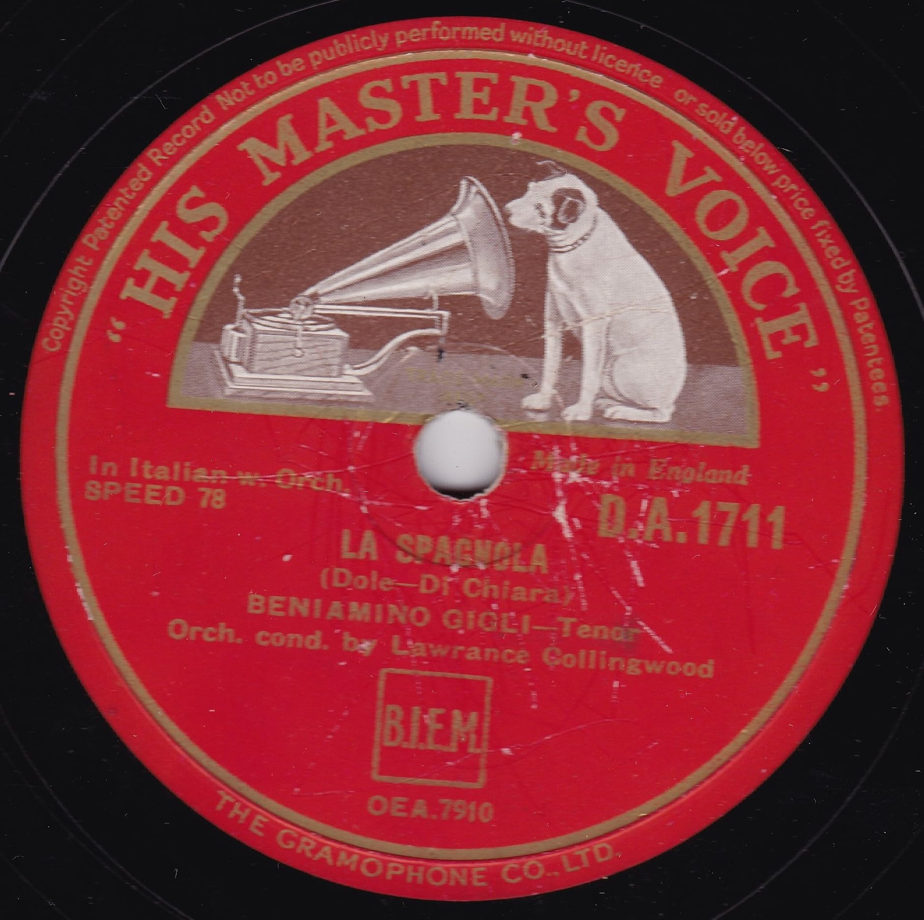 Beniamino Gigli ‎– La Paloma (HMV 1939) 10" 78RPM shellac single VG/P