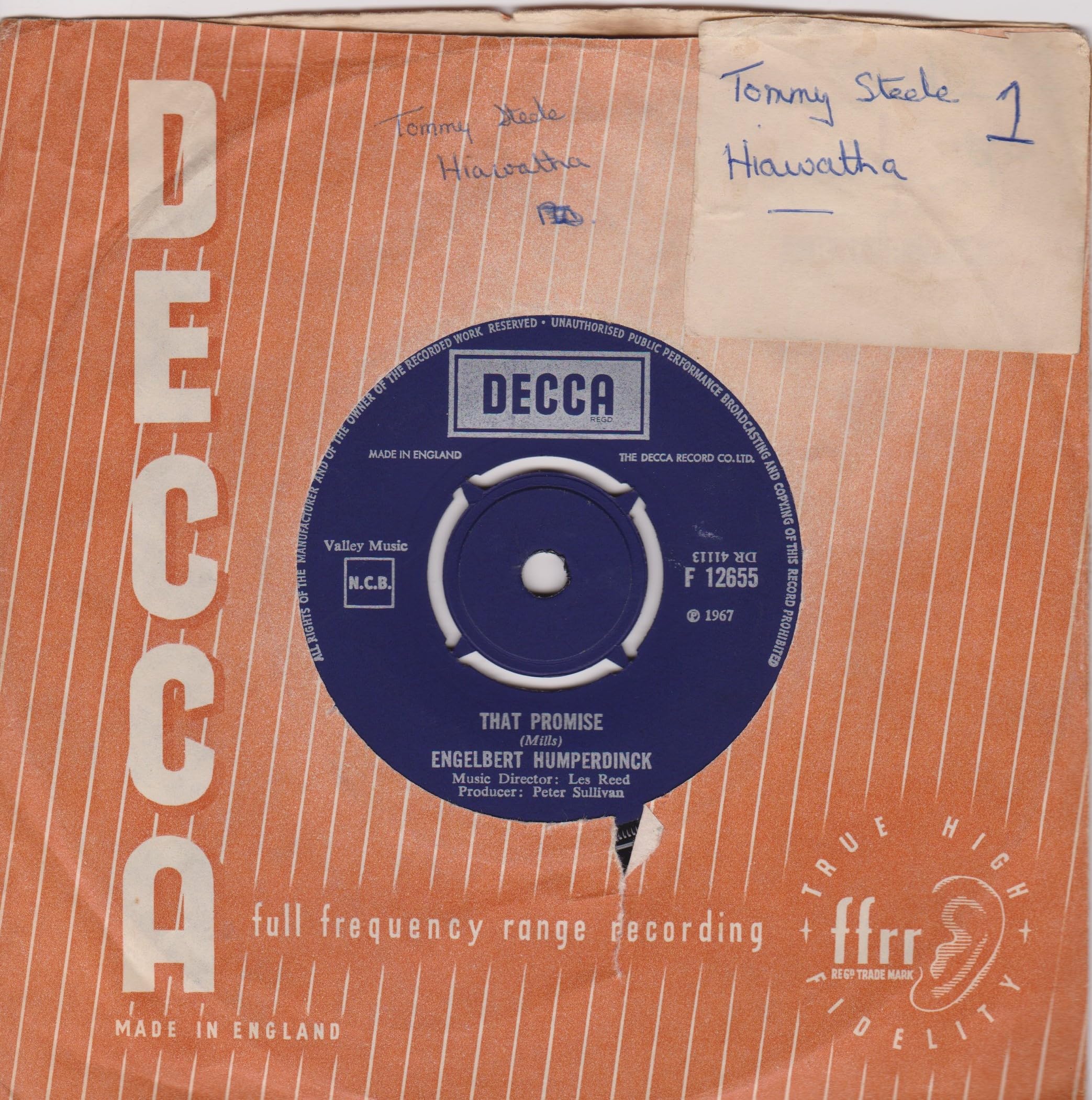 Engelbert Humperdinck - The Last Waltz (Decca 1967) 7" vinyl single VG/G+