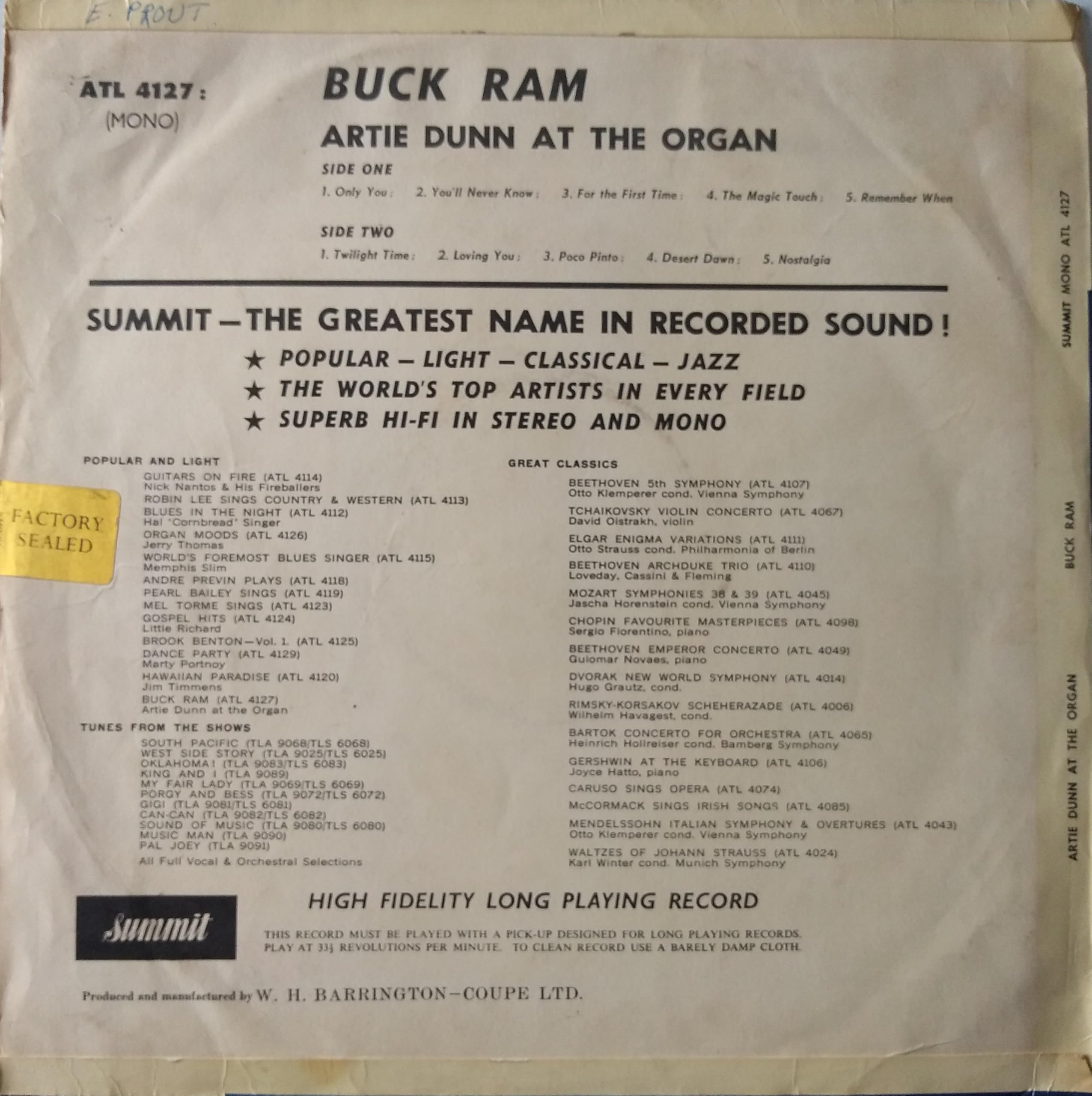 Artie Dunn at the Organ Plays Buck Ram (Fidelio 1964) 12" vinyl LP VG/VG