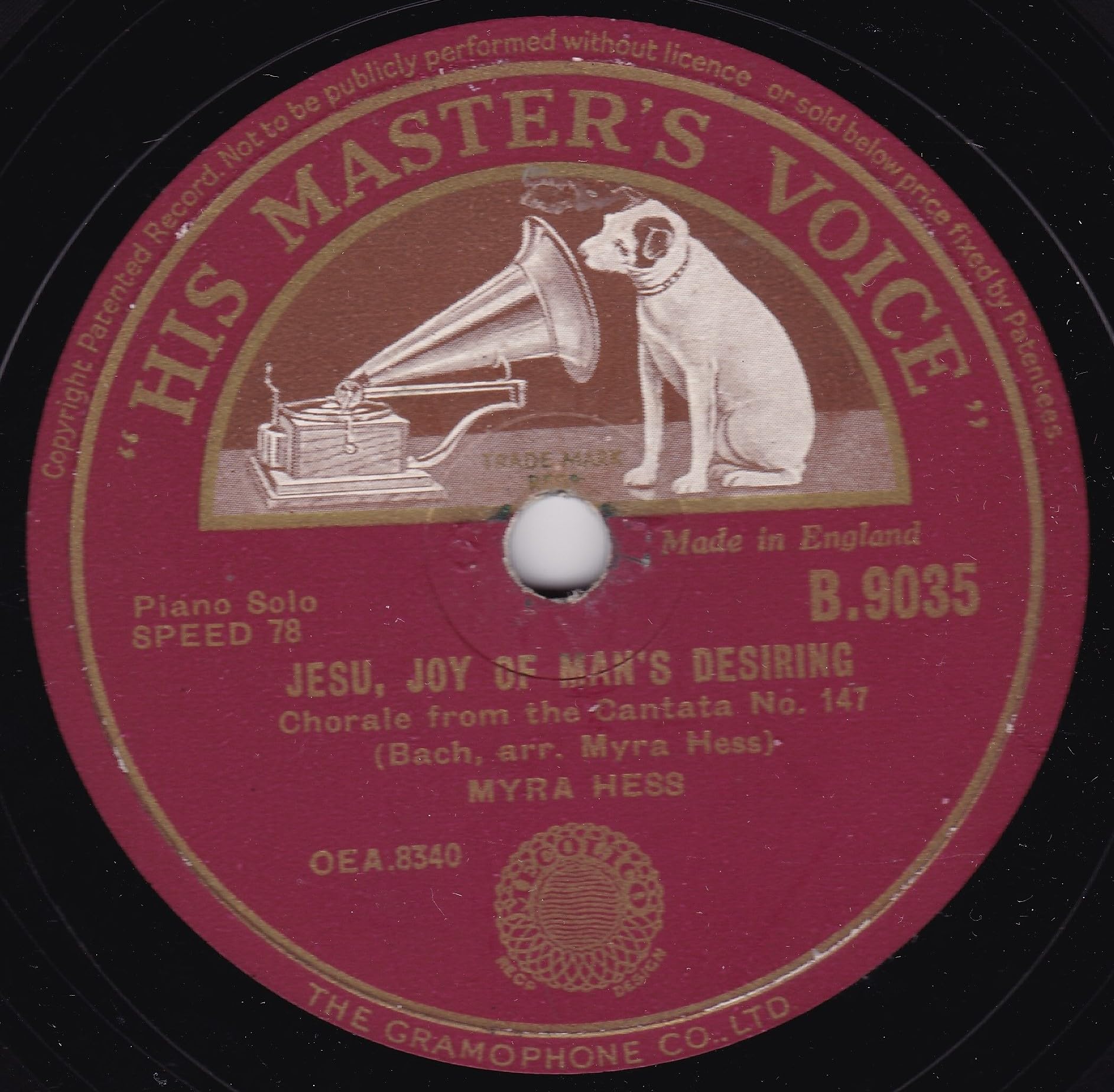 Myra Hess – Jesu, Joy Of Man's Desiring (HMV 1946) 10" 78RPM shellac single VG/-
