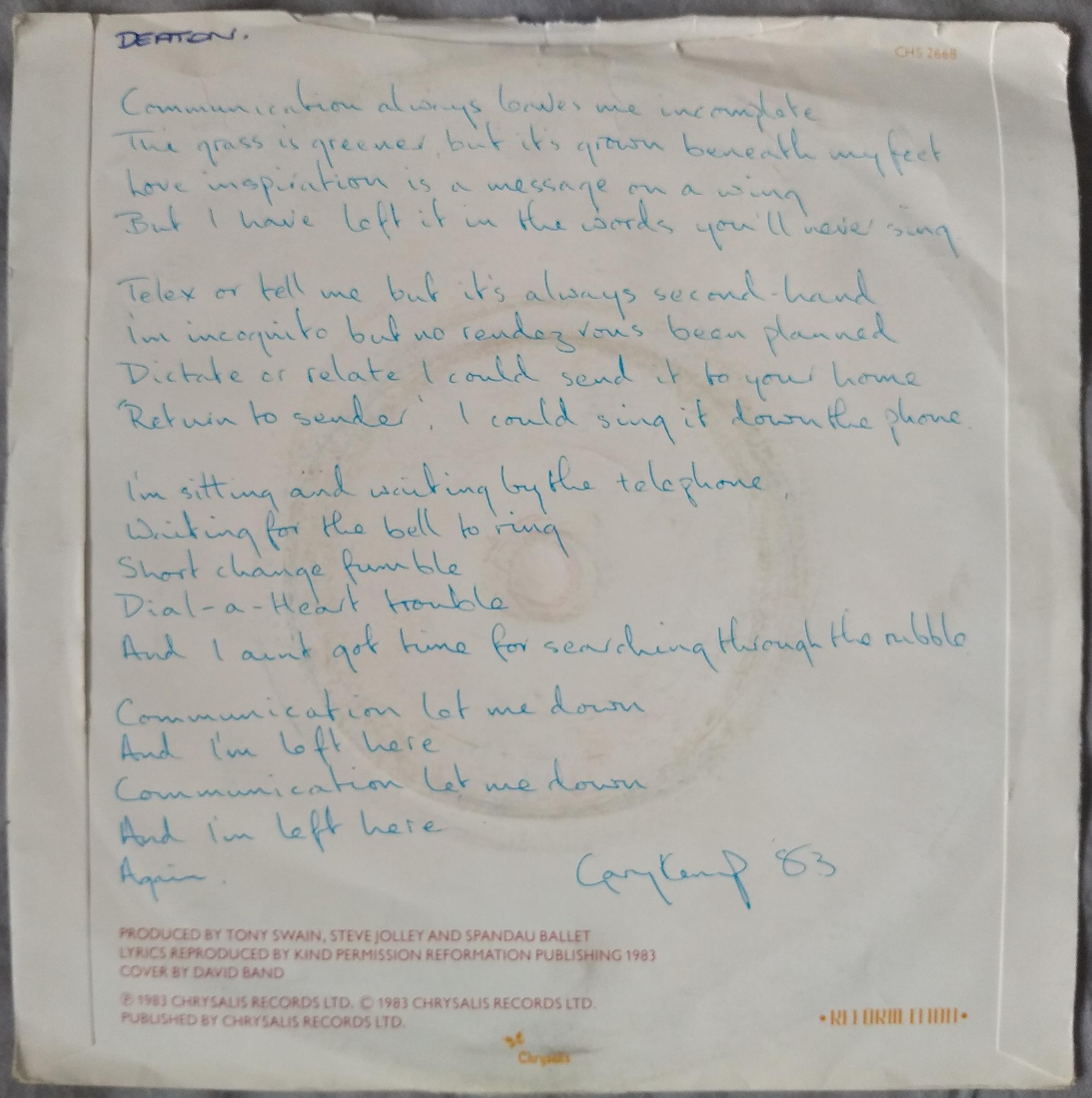 Spandau Ballet – Communication (Reformation 1983) 7" vinyl single VG/VG