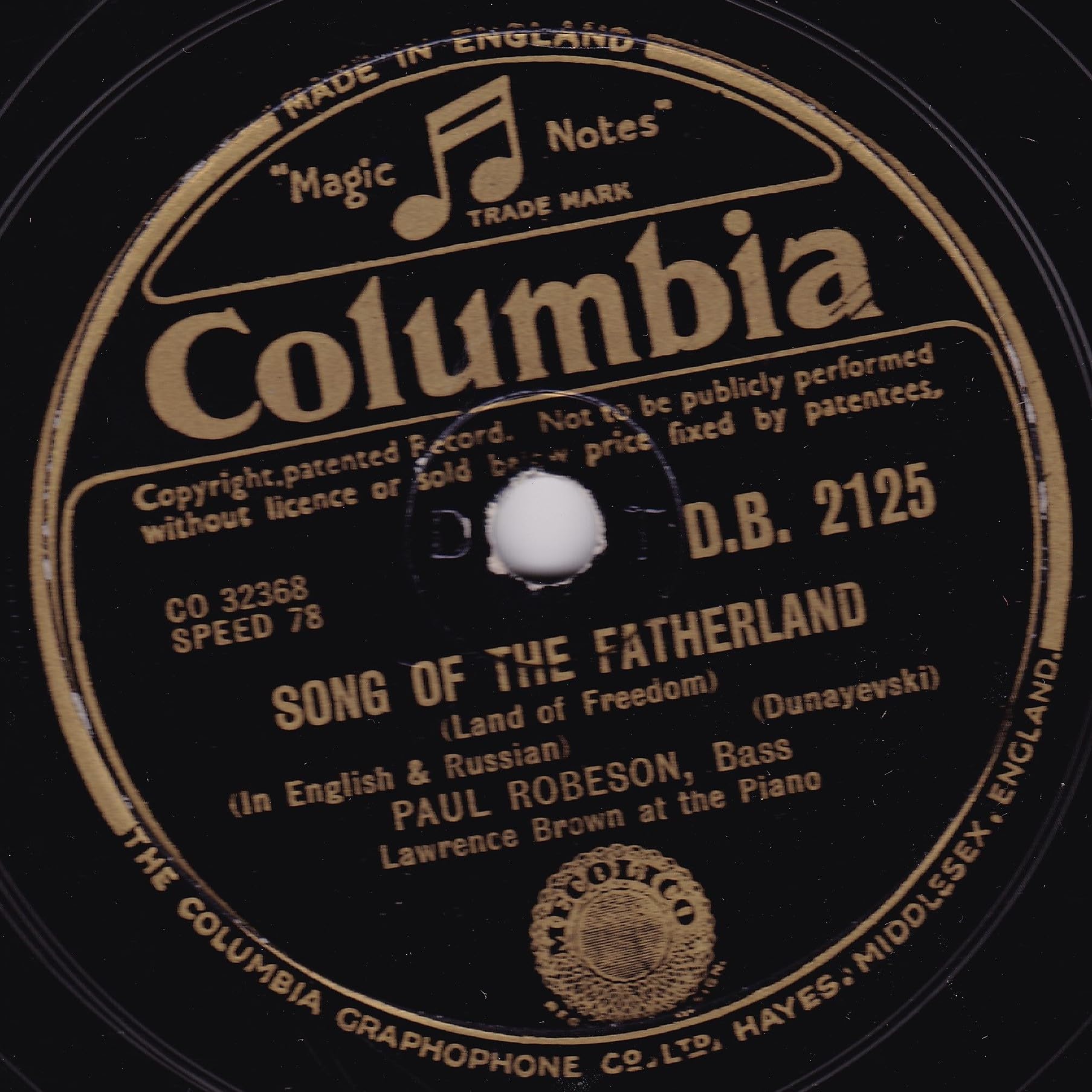 Paul Robeson – Song Of The Fatherland (Columbia) 10" 78RPM shellac single VG/-