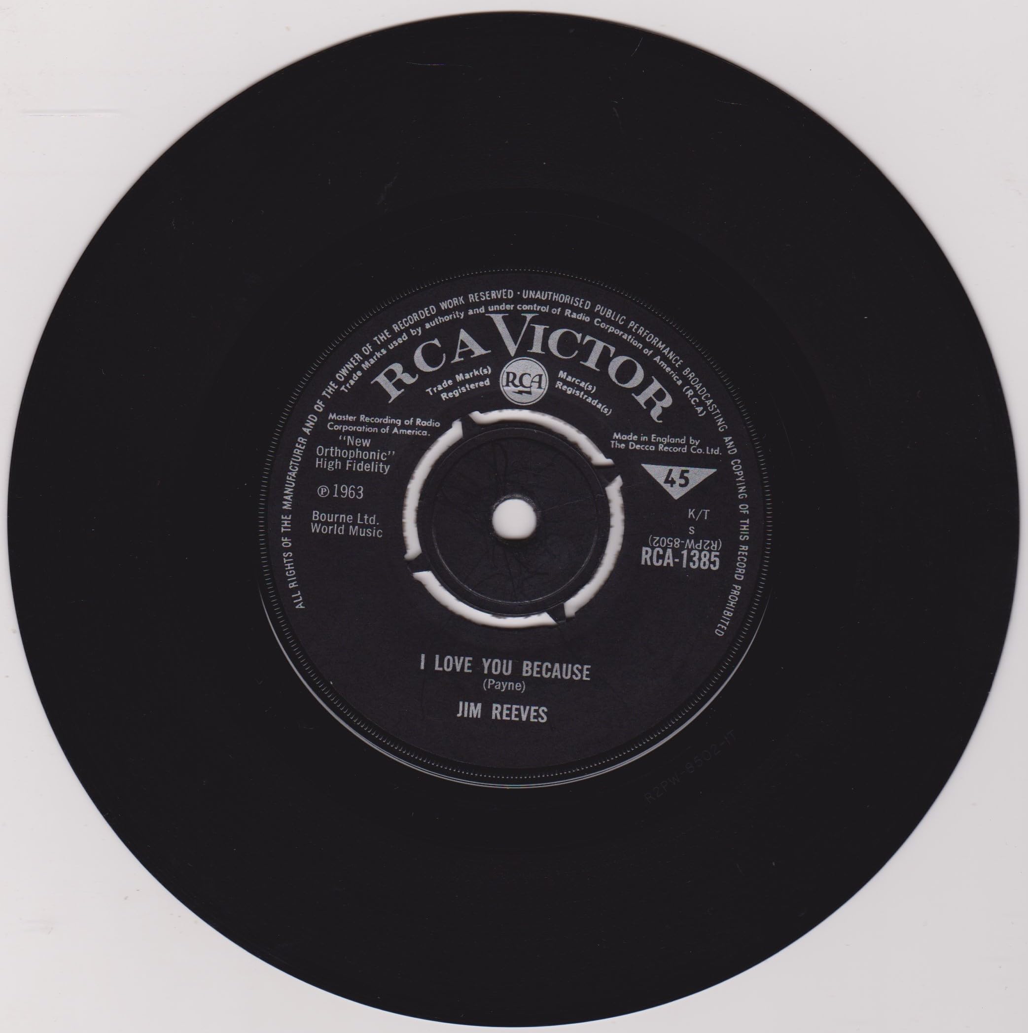 Jim Reeves - I Love You Because (RCA Victor) 7" vinyl single VG/-