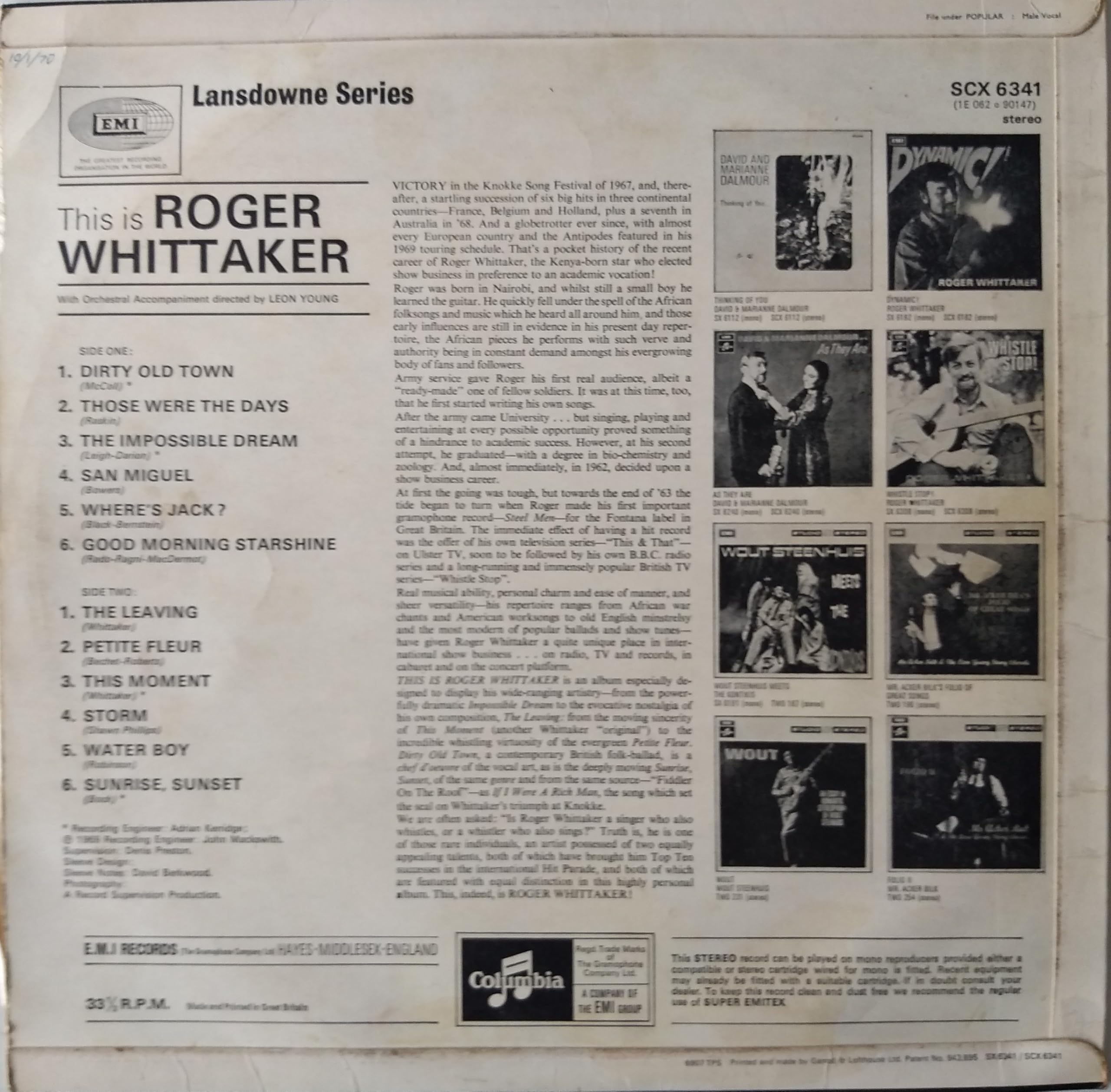 Roger Whittaker – This is Roger Whittaker (Columbia 1969) 12" vinyl LP VG/VG