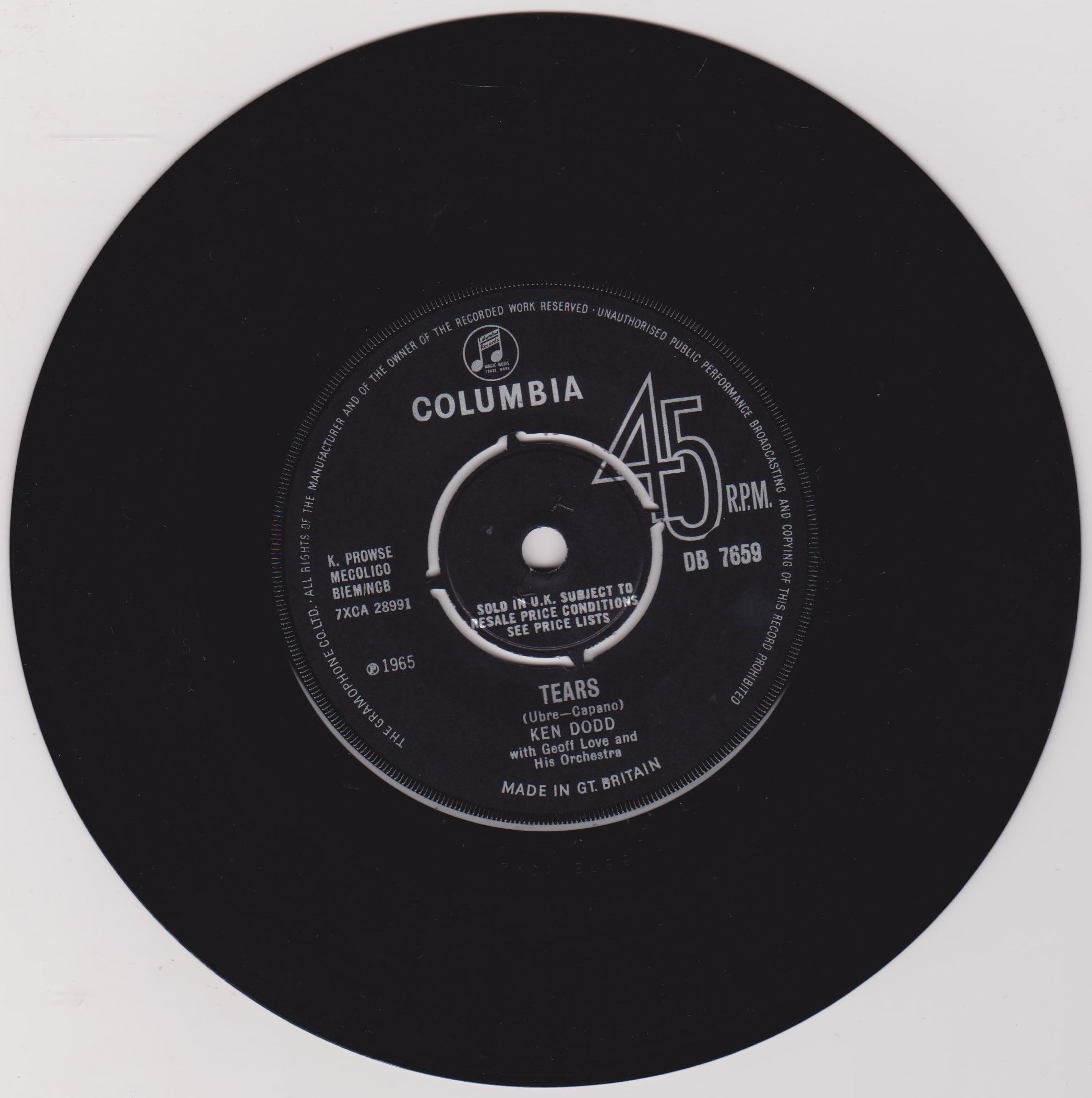 Ken Dodd – Tears (Columbia 1965) 7" vinyl single VG/VG