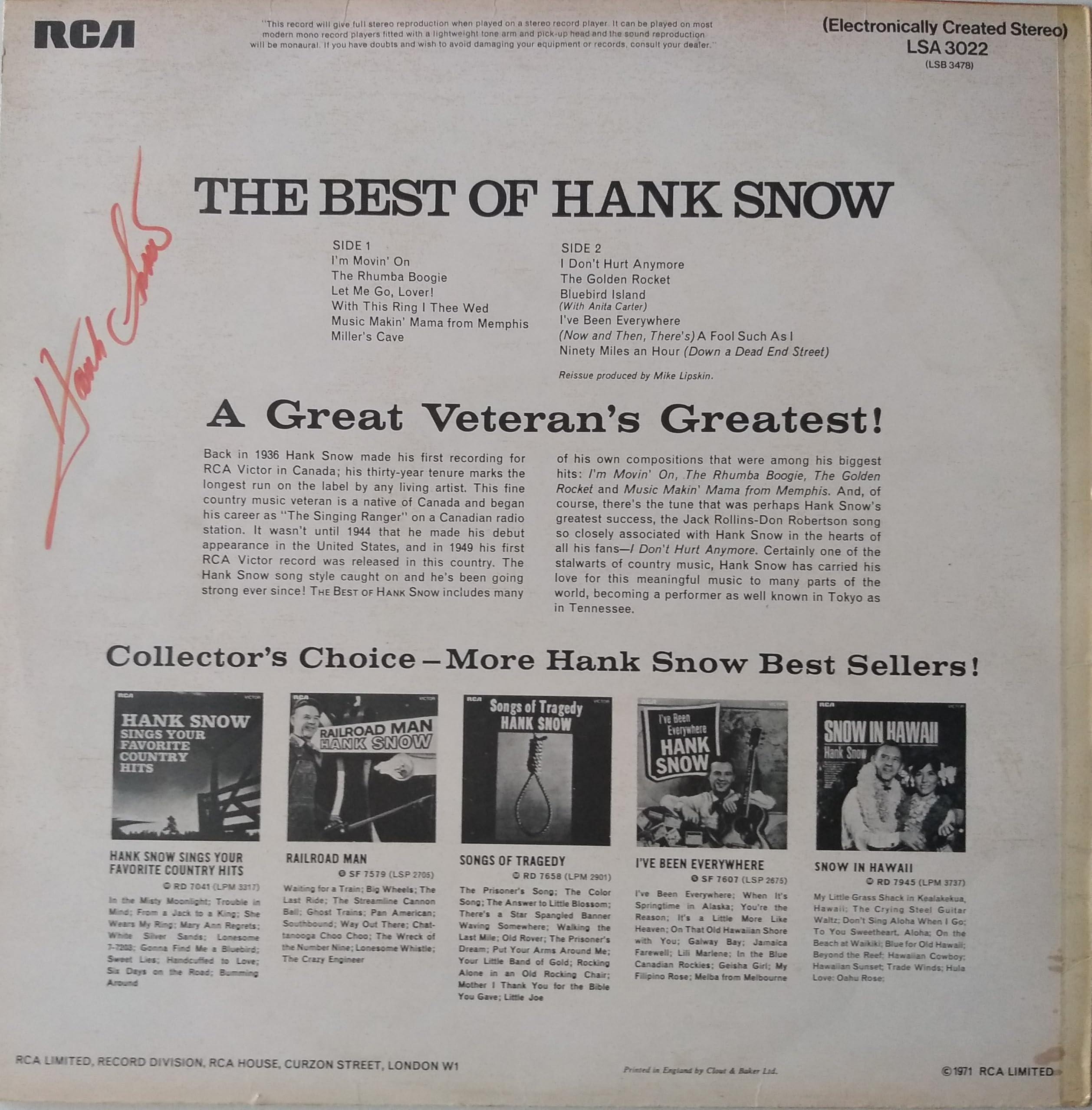 The Best of Hank Snow (RCA 1971) 12" vinyl LP VG/VG
