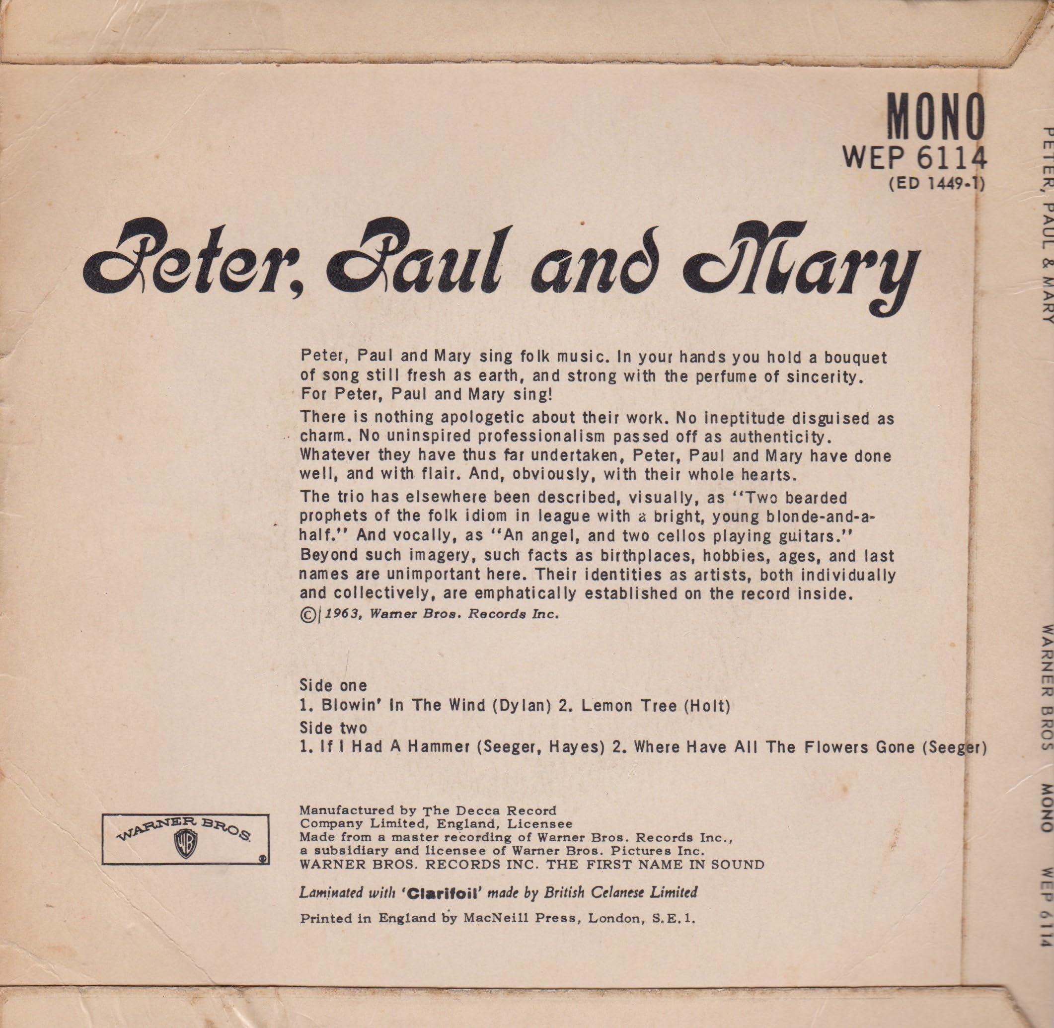 Peter, Paul and Mary (Warner Bros 1963) 7" vinyl EP VG/VG