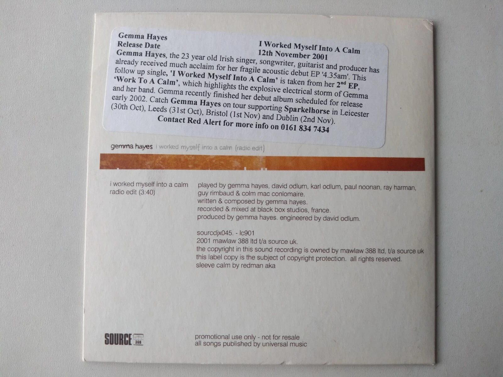 Gemma Hayes - I Worked Myself Into A Calm (Radio Edit) 1 track promo CD