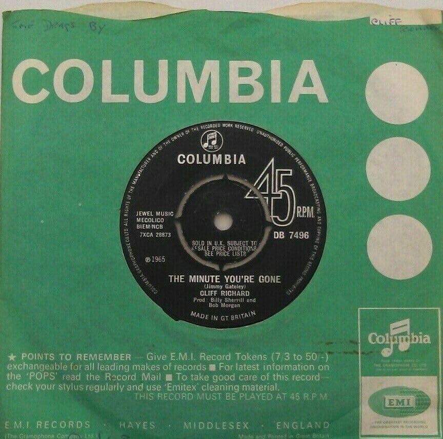 Cliff Richard - The Minute You're Gone (Columbia, 1965) 7" vinyl single VG/-