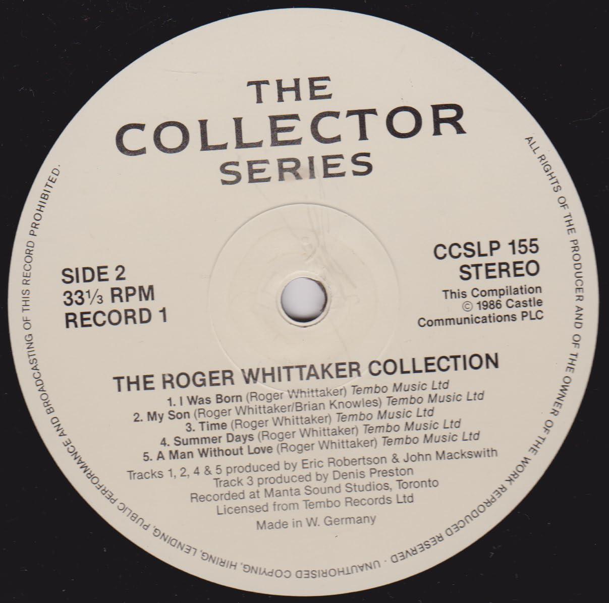 Roger Whittaker – The Roger Whittaker Collection (Castle Communications 1986) 2x12" vinyl LP VG/VG