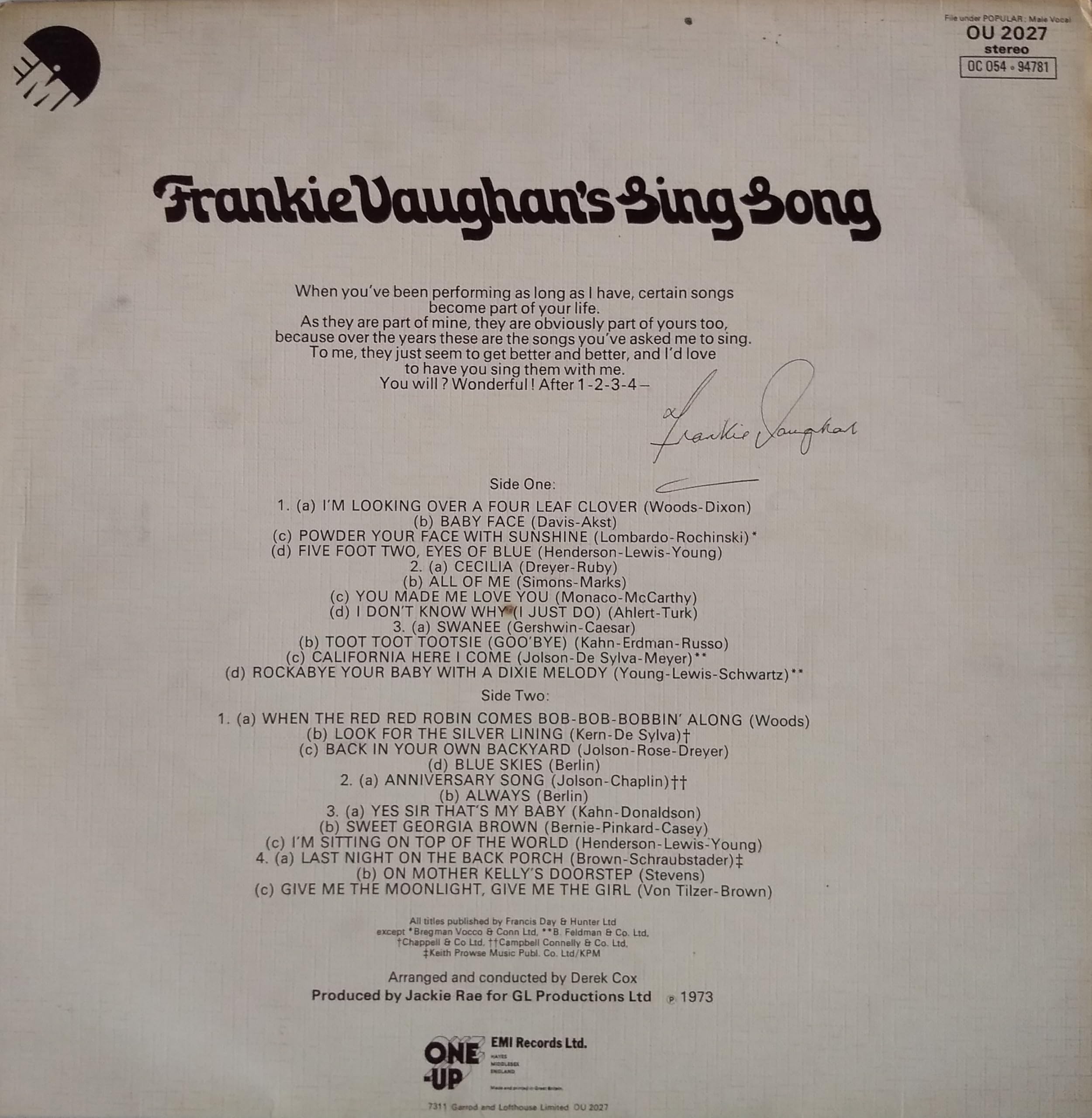 Frankie Vaughan ‎– Frankie Vaughan's Sing Song (One-Up 1973) 12" vinyl LP VG/VG