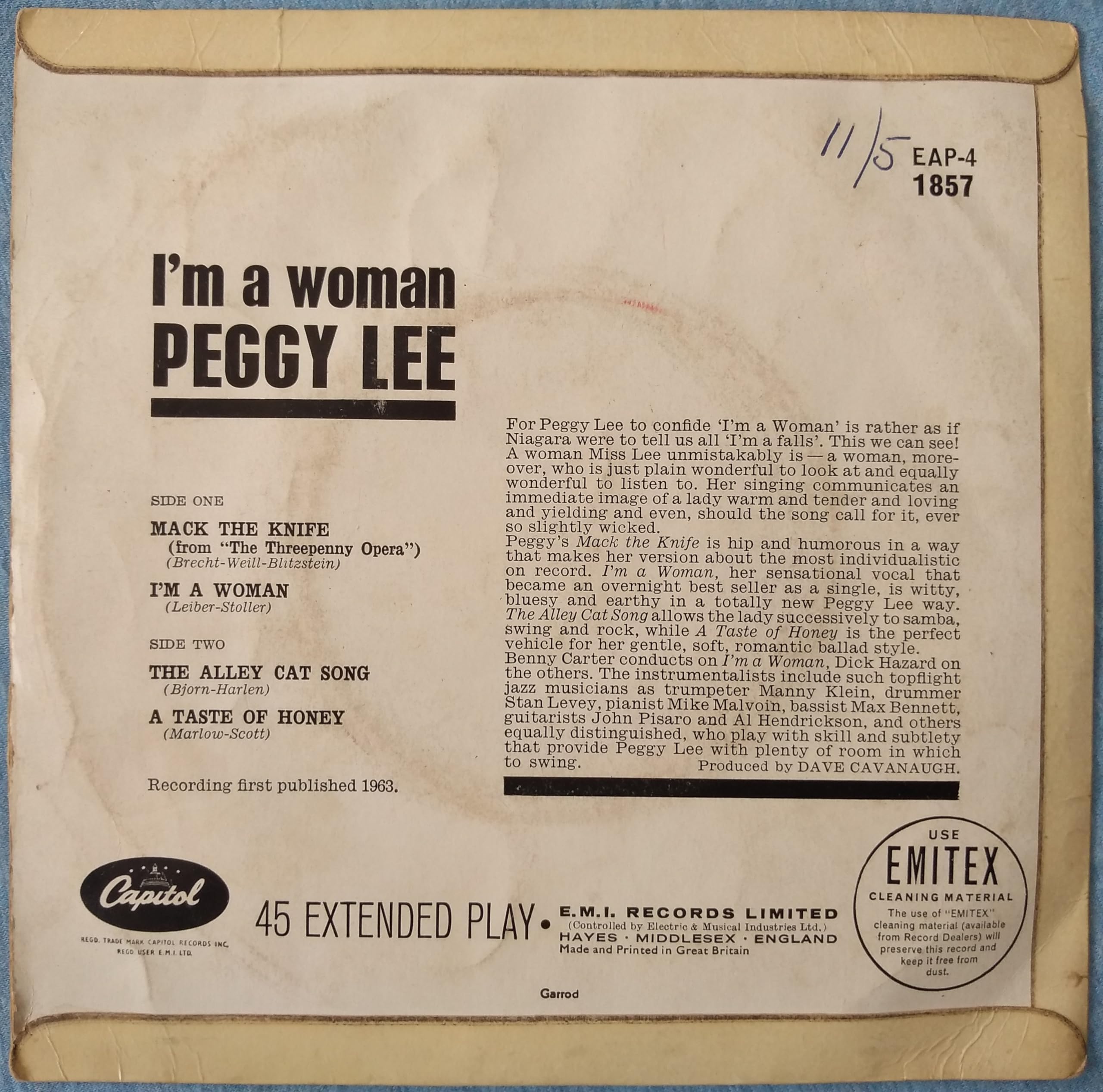 Peggy Lee – I'm A Woman (Capitol 1963) 7" vinyl EP VG/VG