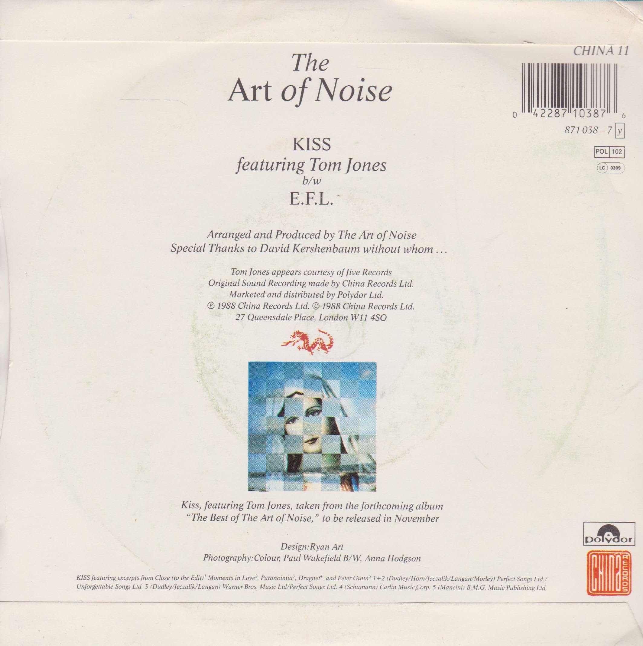 The Art of Noise featuring Tom Jones - Kiss (China 1988) 7" vinyl single VG/VG