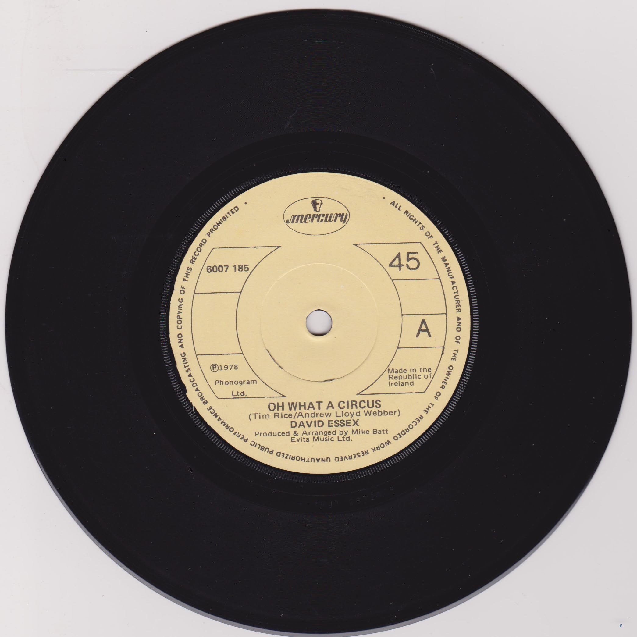 David Essex ‎– Oh What A Circus (Mercury 1978) 7" vinyl single VG/- Ireland