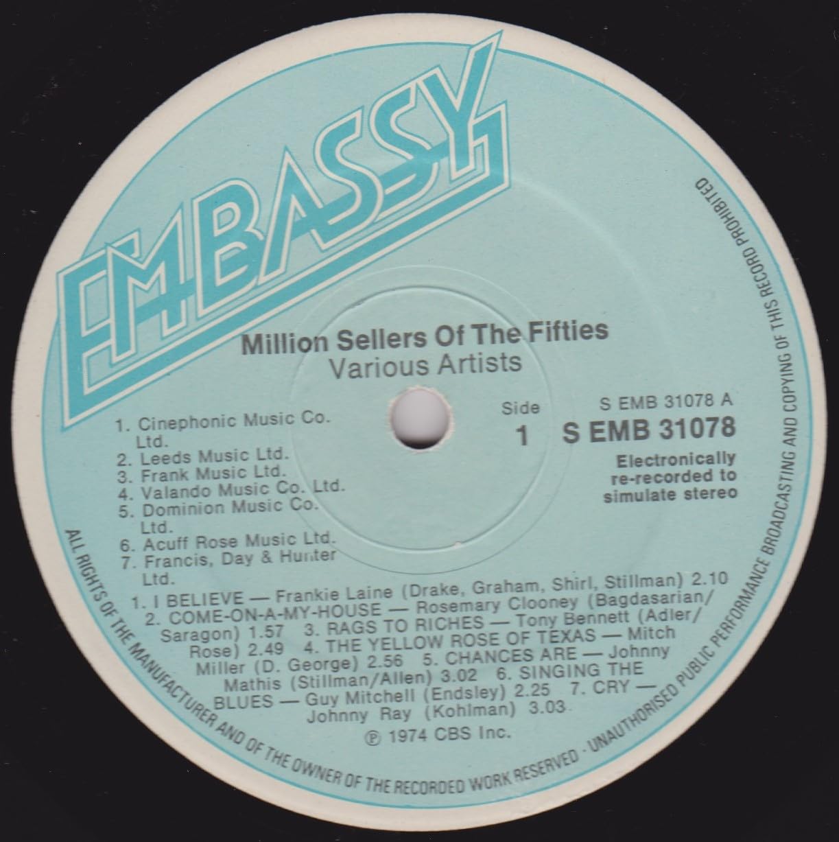 Various ‎– Million Sellers Of The 50's (Embassy 1974) 12" vinyl LP VG/G+