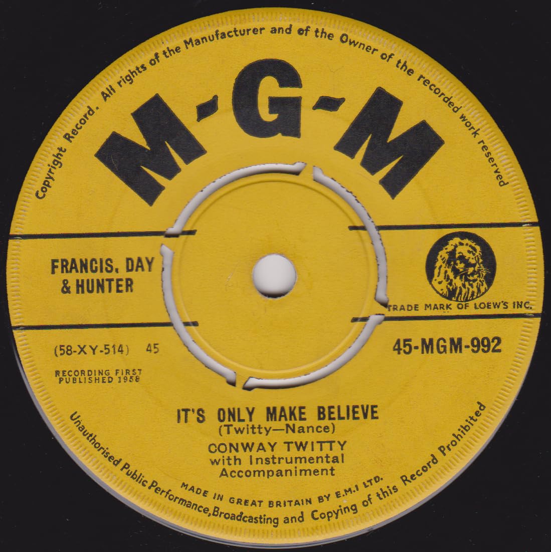 Conway Twitty – It's Only Make Believe (MGM 1958) 7" vinyl single VG/-