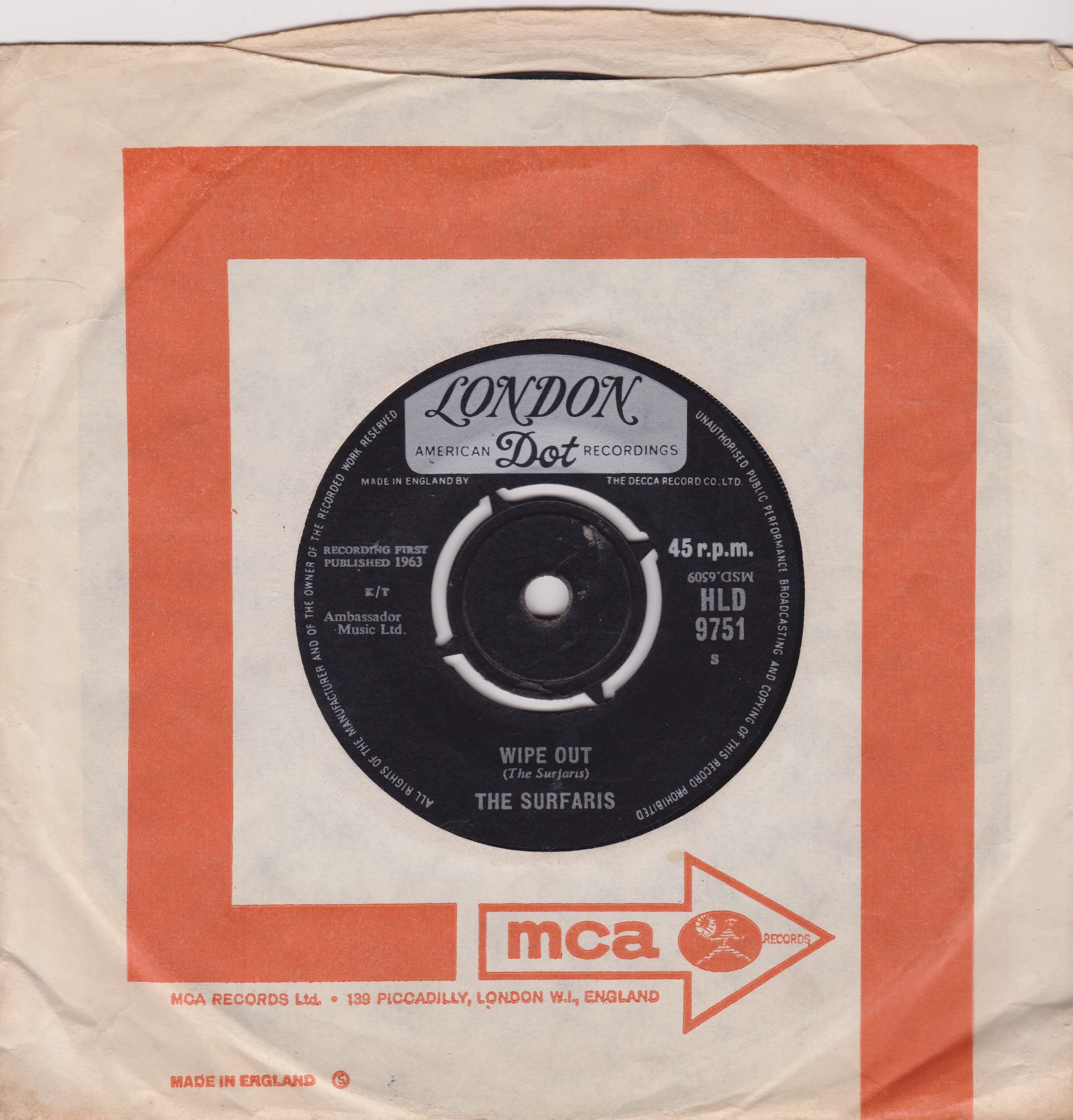 The Surfaris – Wipe Out (London 1963) 7" vinyl single VG/-