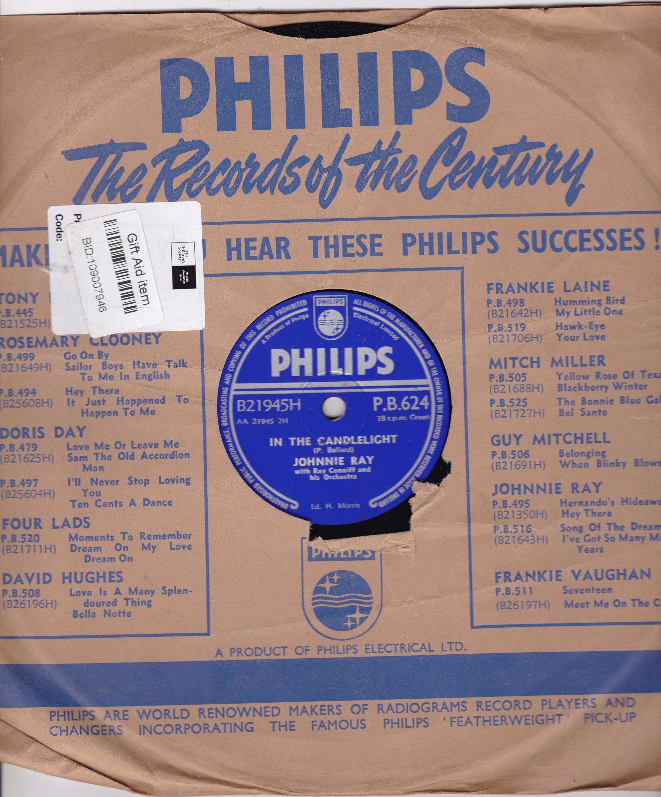 Johnnie Ray ‎– Just Walking In The Rain (Philips 1956) 10" 78RPM shellac single VG/VG