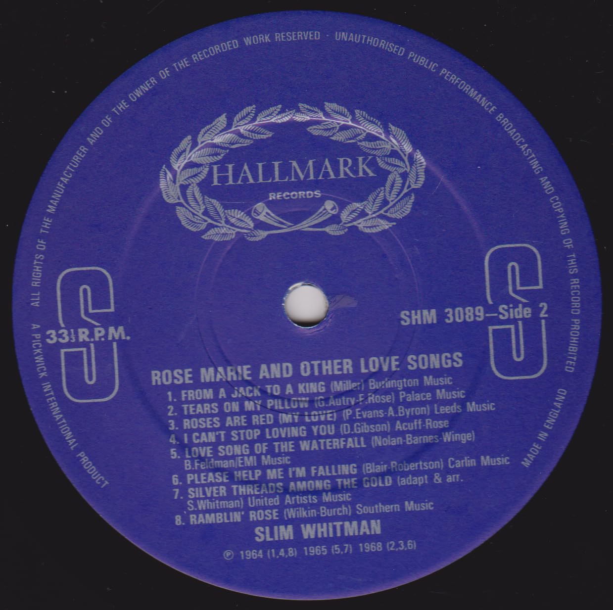 Slim Whitman – Rose Marie And Other Love Songs (Pickwick 1982) 12" vinyl LP VG/VG