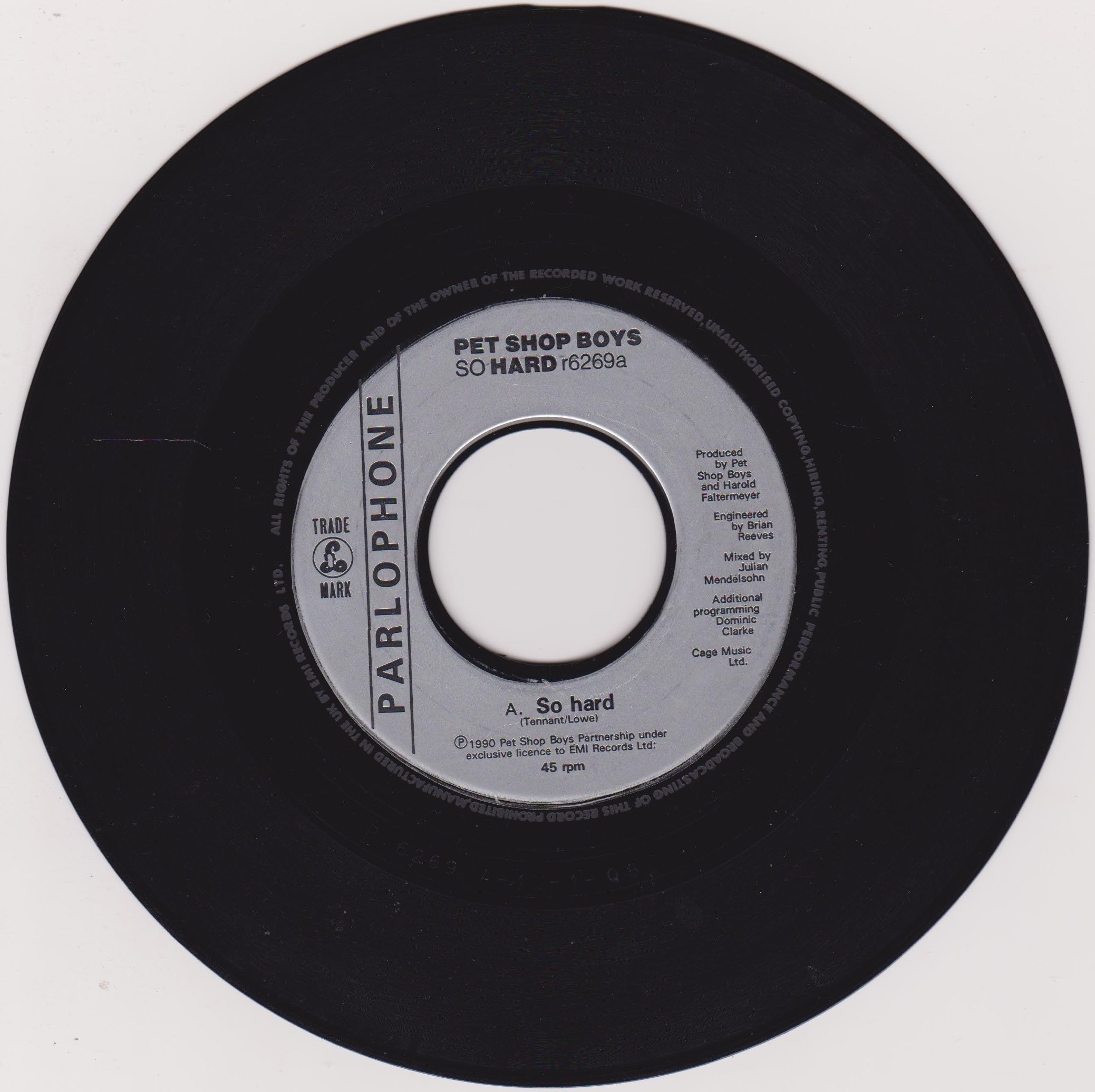 Pet Shop Boys – So Hard (Parlophone 1990) 7" vinyl single VG/- jukebox centre