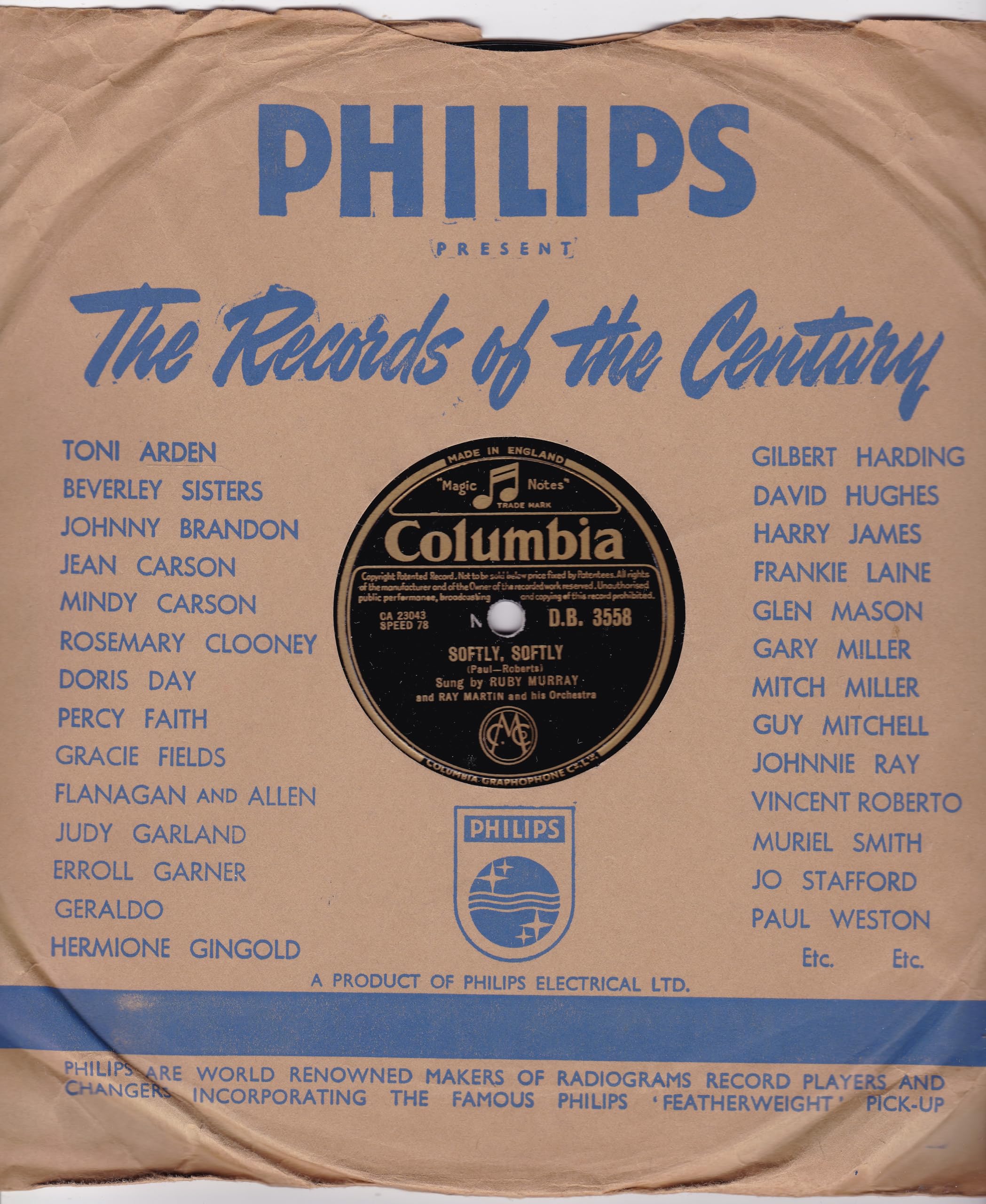 Ruby Murray And Ray Martin And His Orchestra ‎– Softly, Softly (Columbia 1955) 10" 78RPM shellac single VG/-