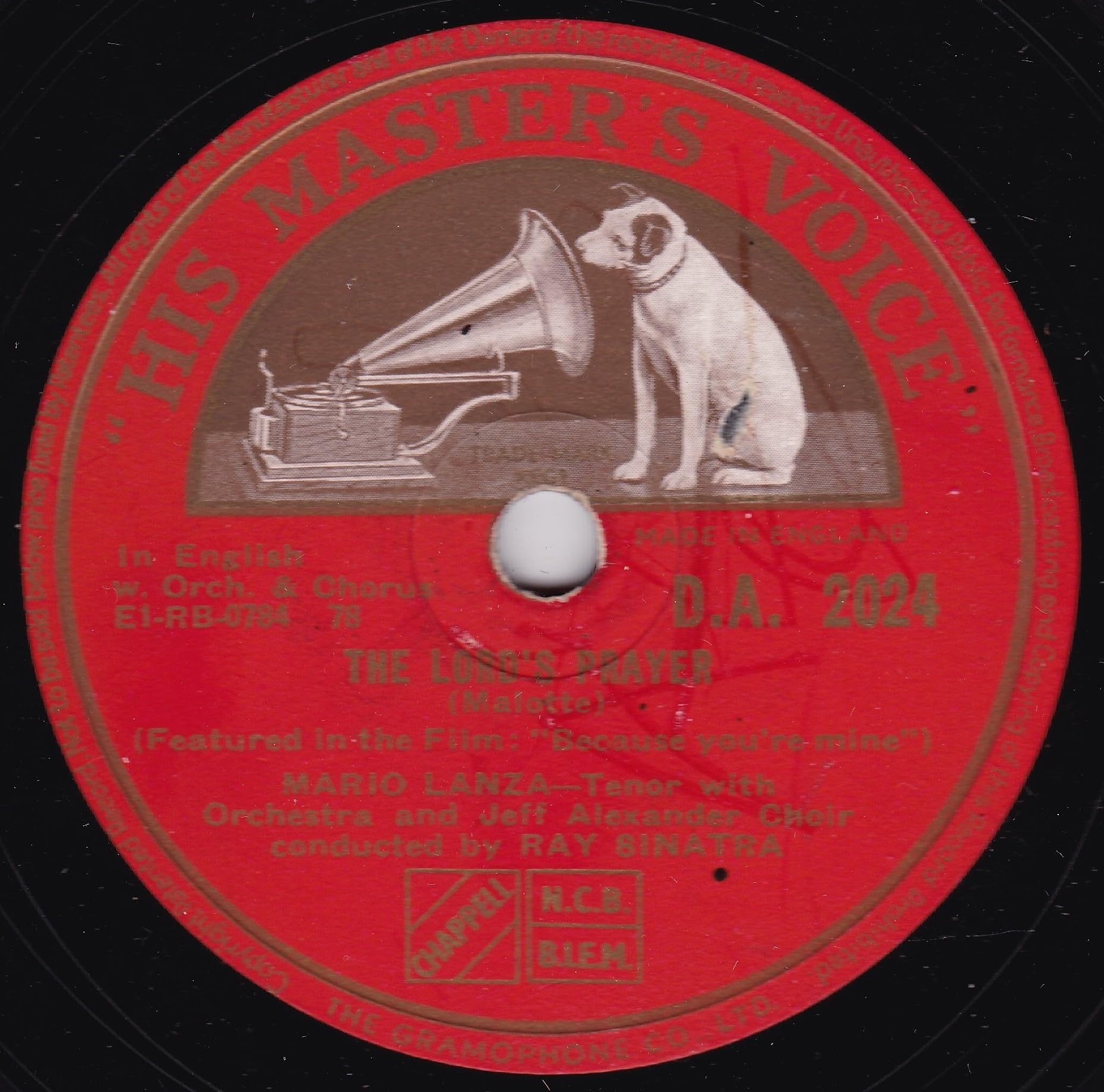 Mario Lanza – The Lord's Prayer (HMV 1952) 10" 78RPM shellac single VG/-