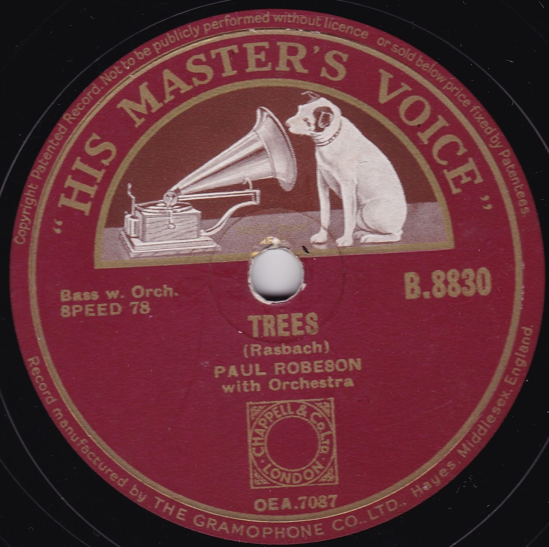 Paul Robeson - Trees (HMV) 10" 78 RPM shellac single VG/-