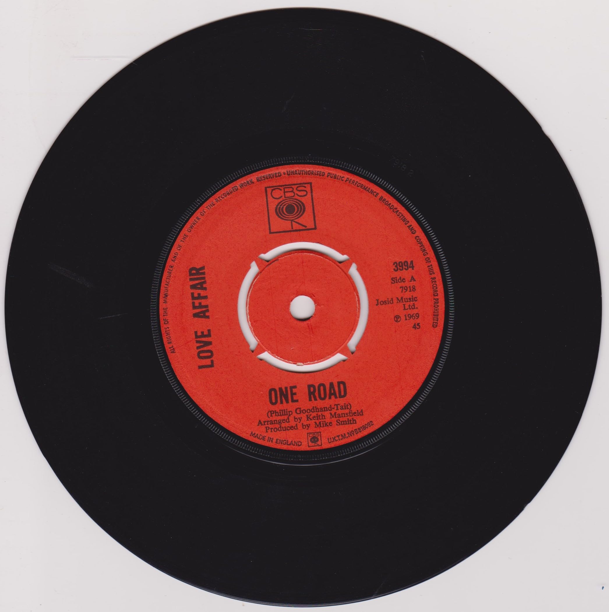 Love Affair – One Road (CBS 1969) 7" vinyl single VG/-