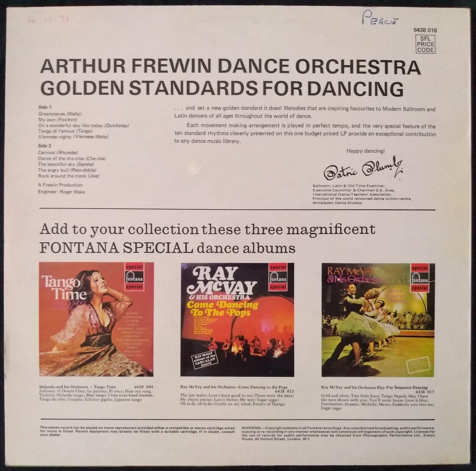Arthur Frewin Dance Orchestra - Golden Standards for Dancing (Fontana 1970) 12" vinyl LP VG/VG