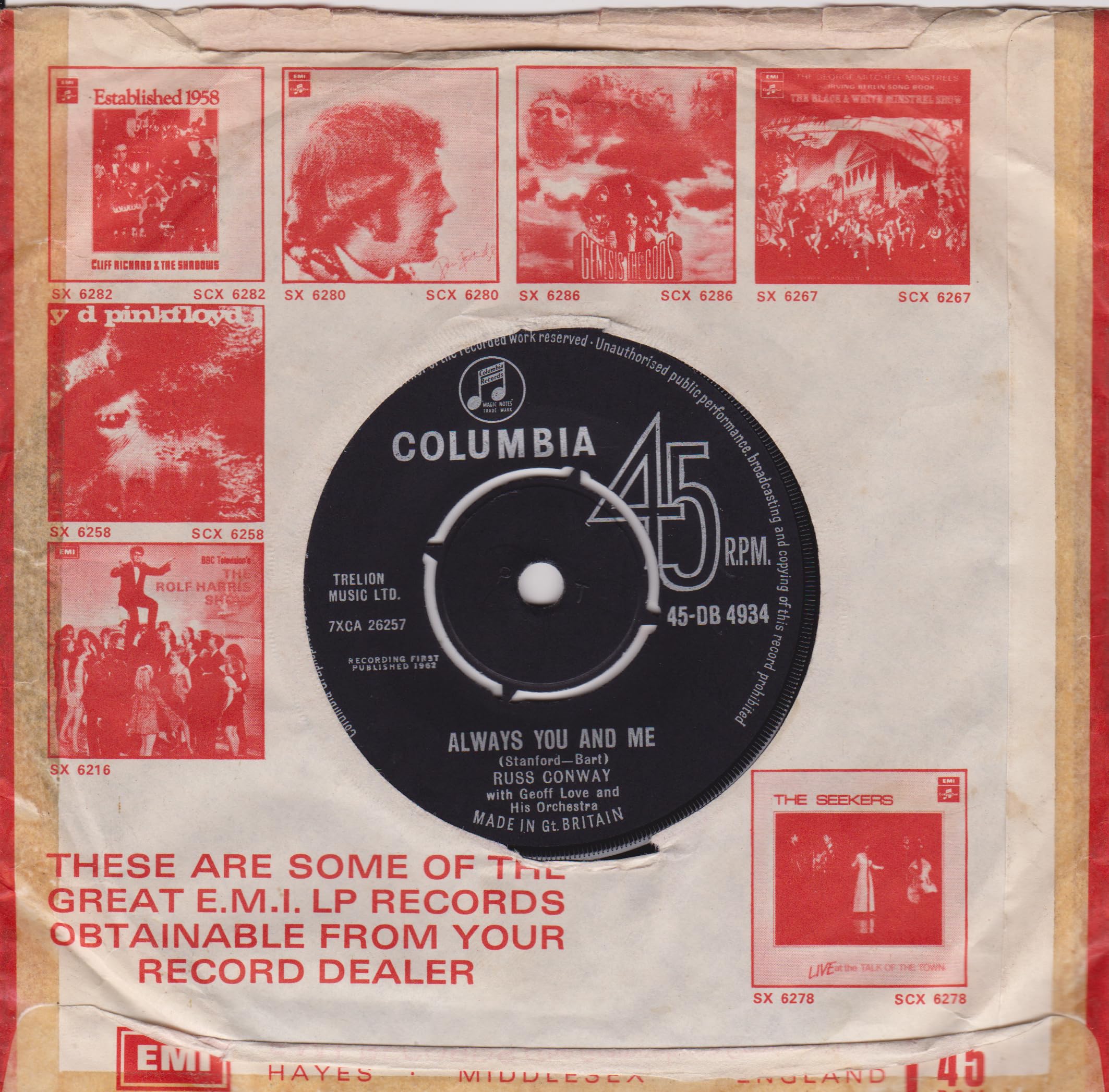 Russ Conway – Alone Again (Columbia 1965) 7" vinyl single VG/VG