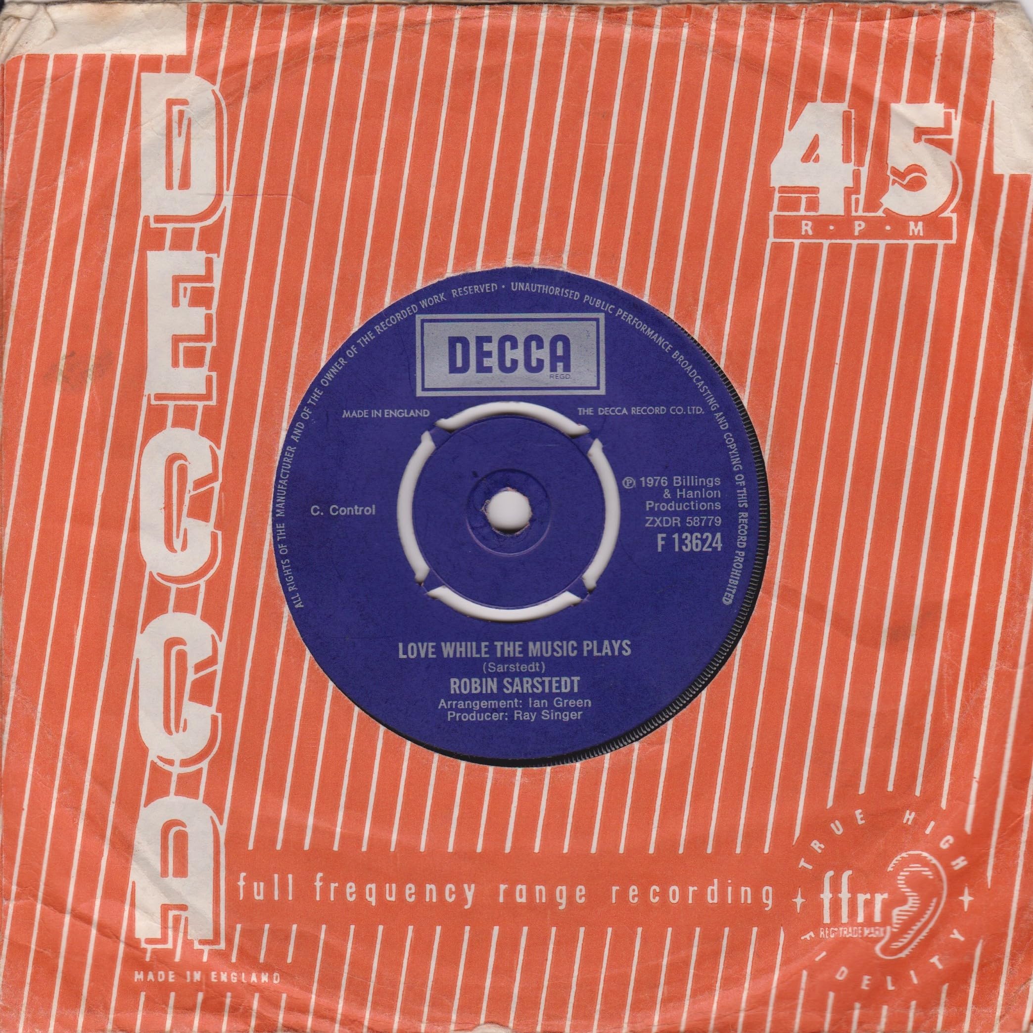 Robin Sarstedt ‎– My Resistance Is Low (Decca 1976) 7" vinyl single VG/-