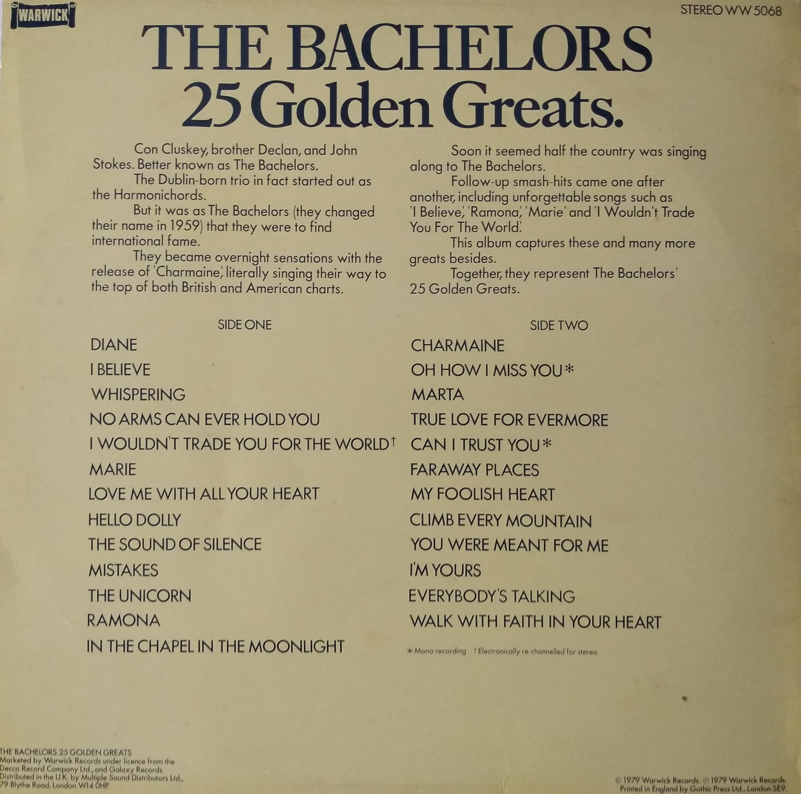 he Bachelors ‎– 25 Golden Greats (Warwick 1979) 12" vinyl LP VG/VG