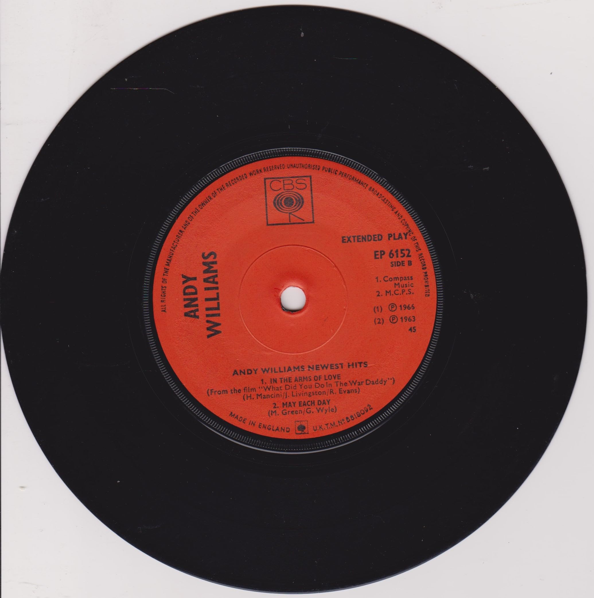 Andy Williams ‎– Andy's Newest Hits (CBS 1966) 7" vinyl EP VG/VG