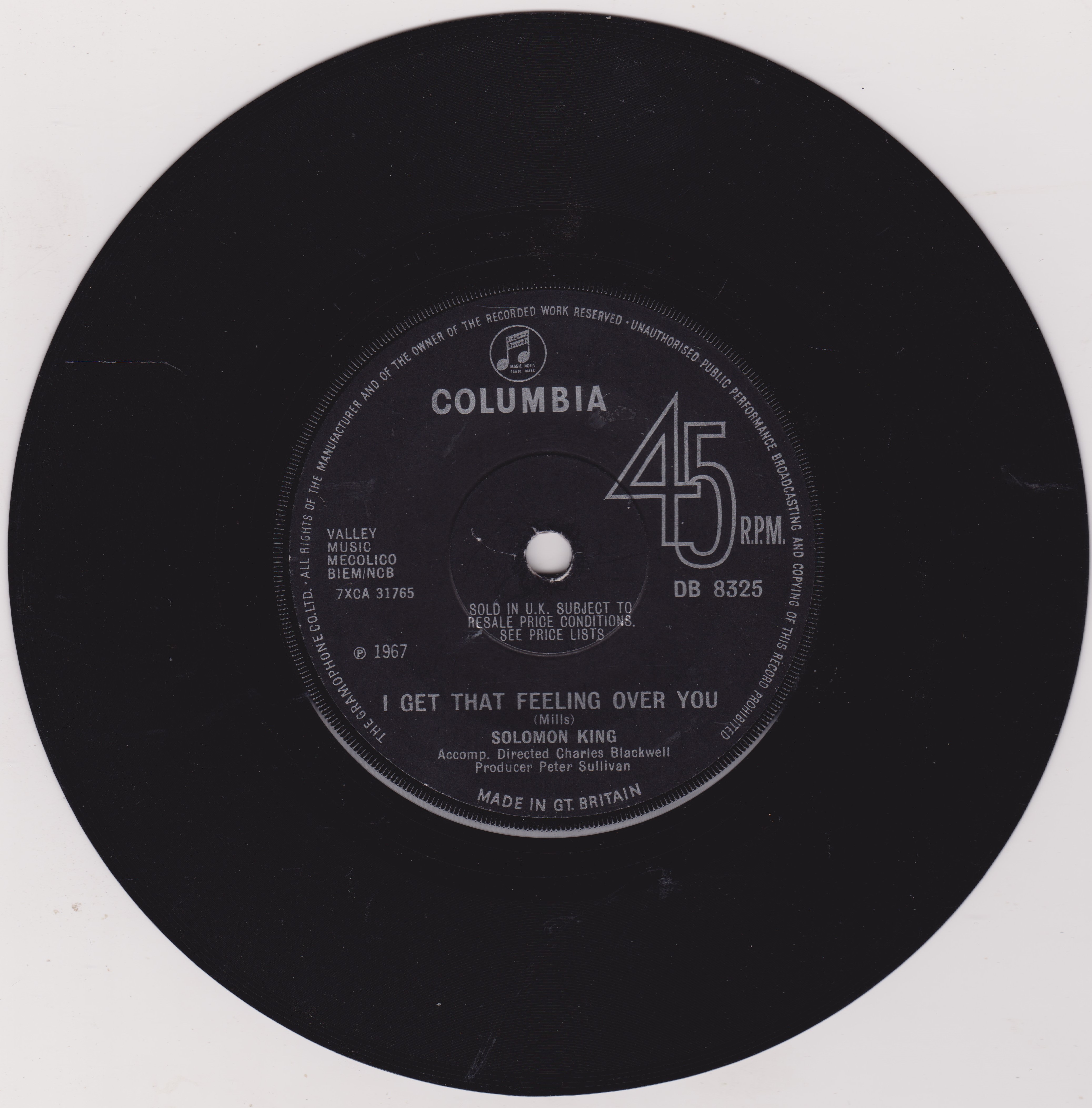 Solomon King ‎– She Wears My Ring (Columbia 1967) 7" vinyl single VG/-